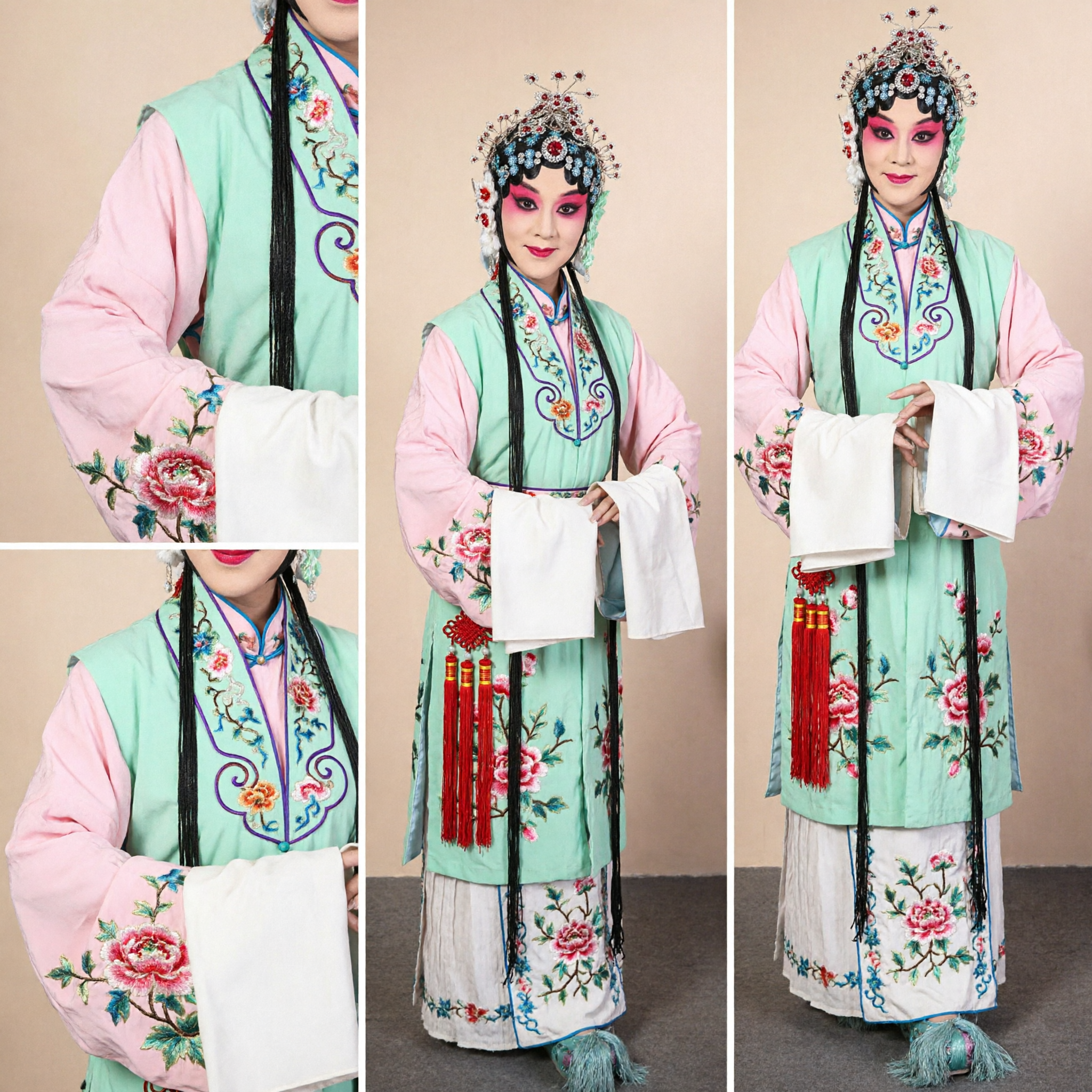 Traditional Chinese Peking Opera Costume for Women Green Floral Embroidery Dress Set with Headpiece and Fan