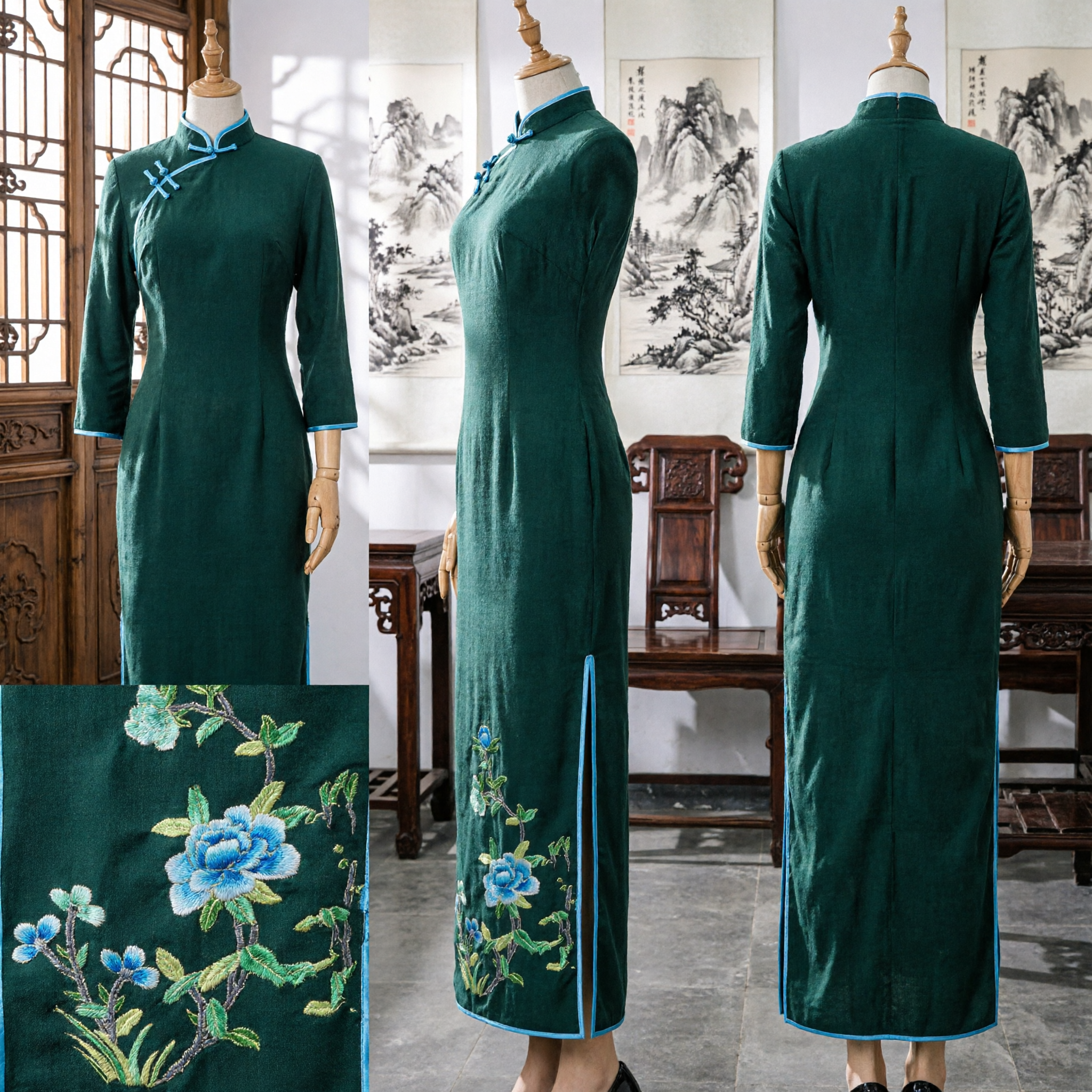 Traditional Chinese Hanfu Skirt Dark Green Floral Embroidery Ancient Style Long Skirt for Women Cultural Events