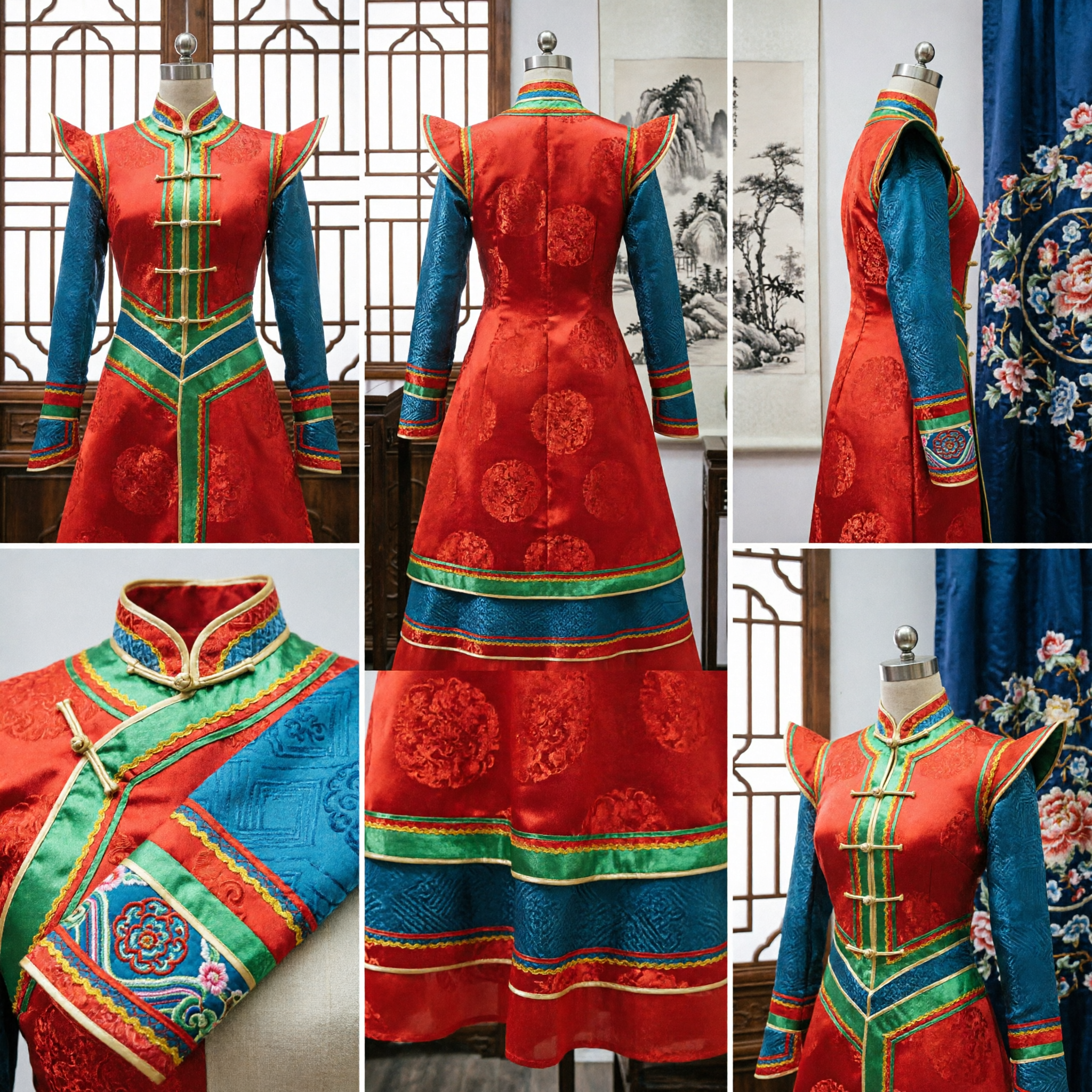 Traditional Mongolian Red Robe for Women Ethnic Minority Dance Costume with Blue Sleeves and Embroidery