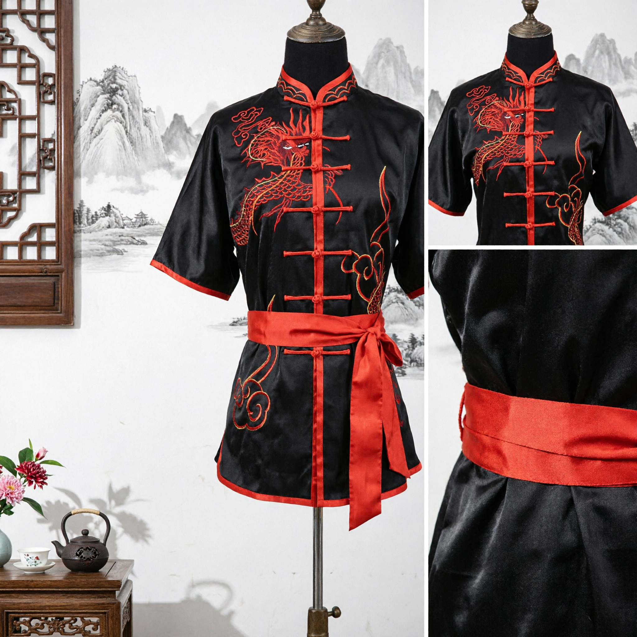 Traditional Chinese Kung Fu Uniform Black Satin Dragon Embroidery Tai Chi Wushu Martial Arts Costume Set