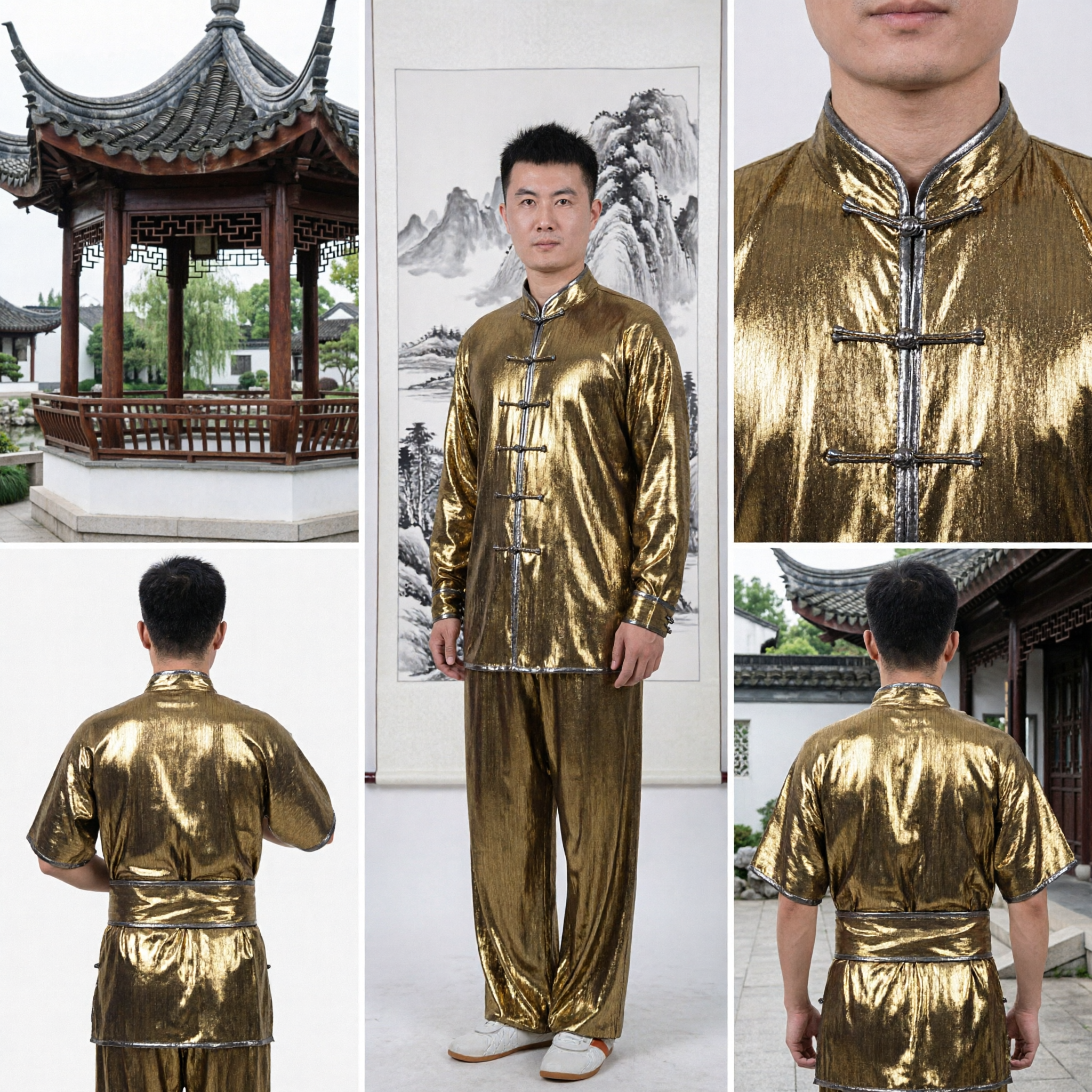Men's Traditional Gold Kung Fu Uniform Chinese Martial Arts Tai Chi Suit for Performance and Practice
