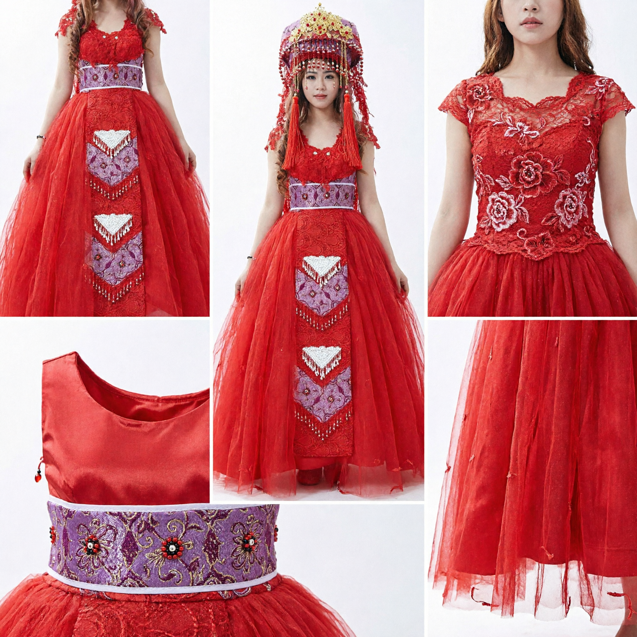Traditional Chinese Red Ethnic Wedding Costume with Embroidered Gown and Ornate Headdress for Women