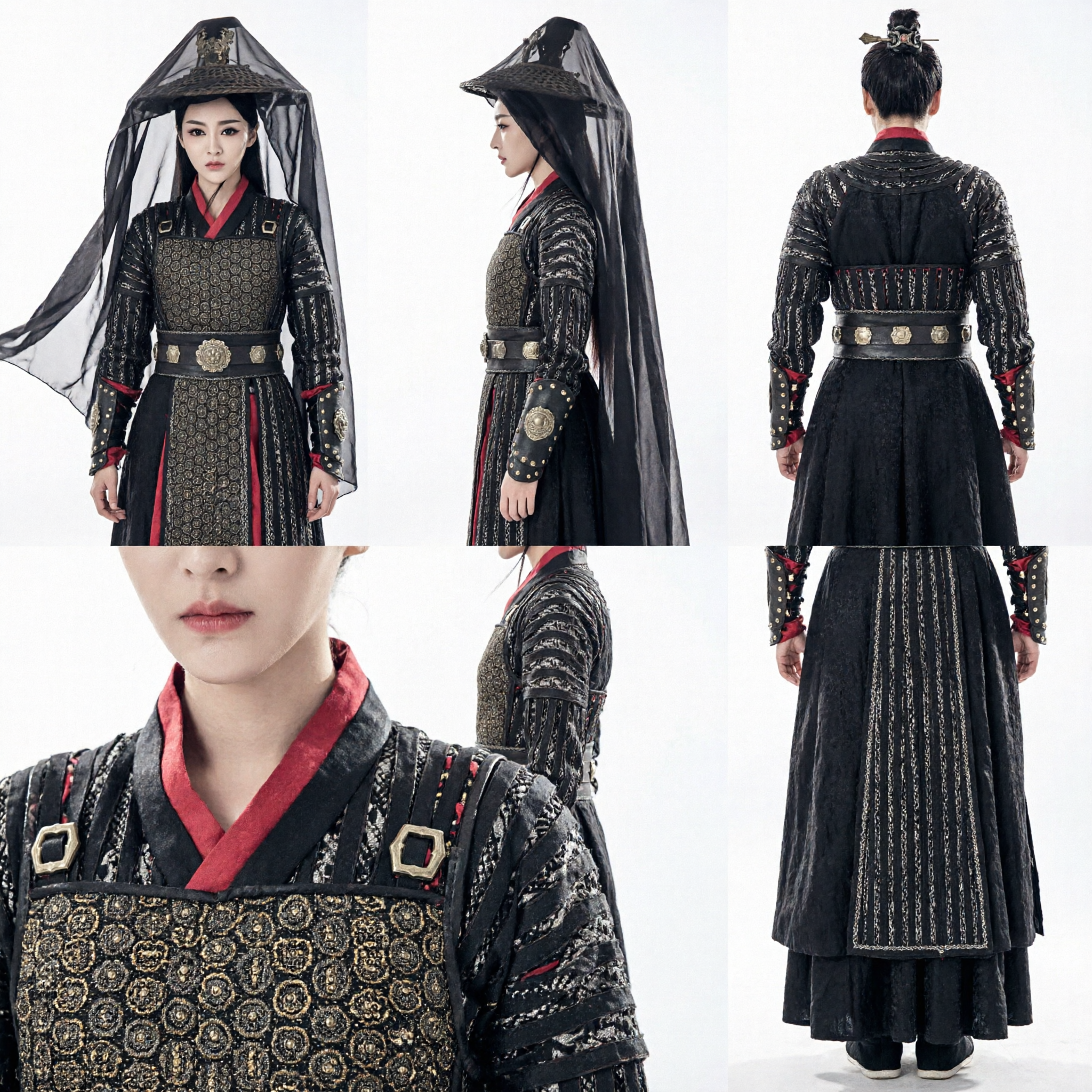 Ancient Chinese Wuxia Swordswoman Costume Black Assassin Hanfu Outfit with Wide Brim Veil Hat for Women Cosplay