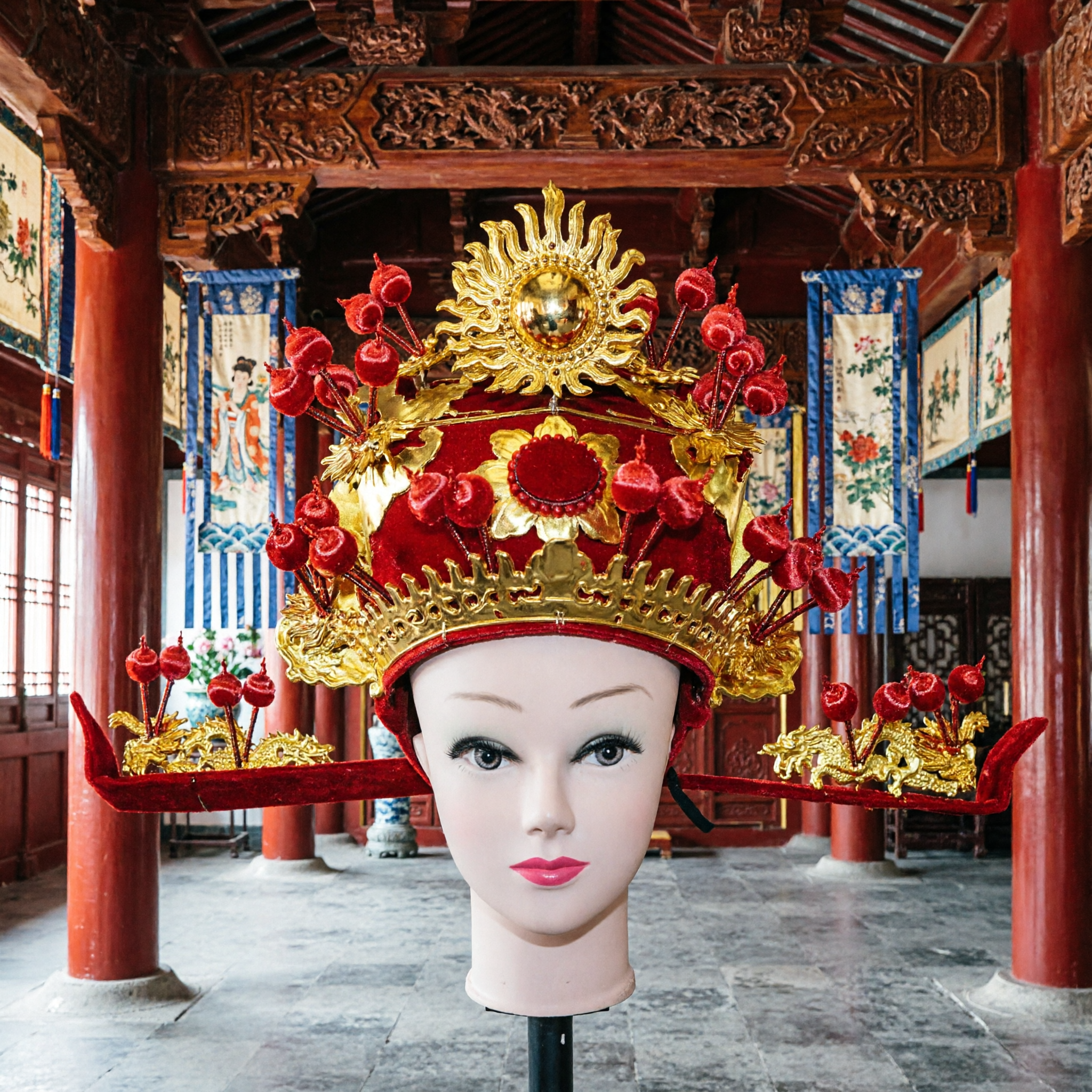 Traditional Chinese Peking Opera Headdress Ancient Empress Phoenix Coronet Red Velvet Gold Crown Stage Performance Accessory