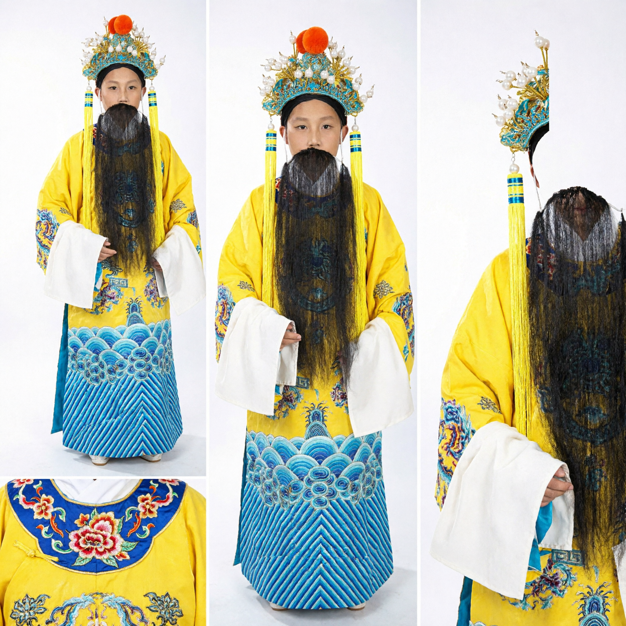 Traditional Chinese Peking Opera Emperor Costume Yellow Dragon Robe with Beard and Headdress for Stage Performance
