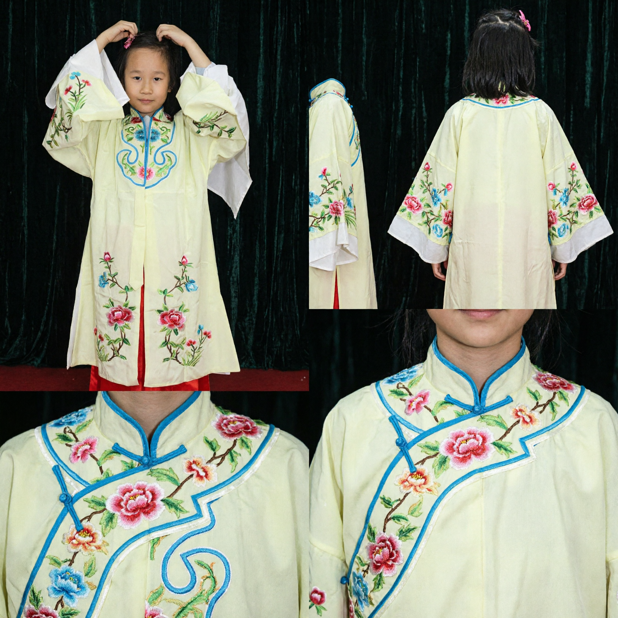 Kids Traditional Chinese Opera Costume Yellow Floral Embroidery Peking Opera Performance Outfit for Girls