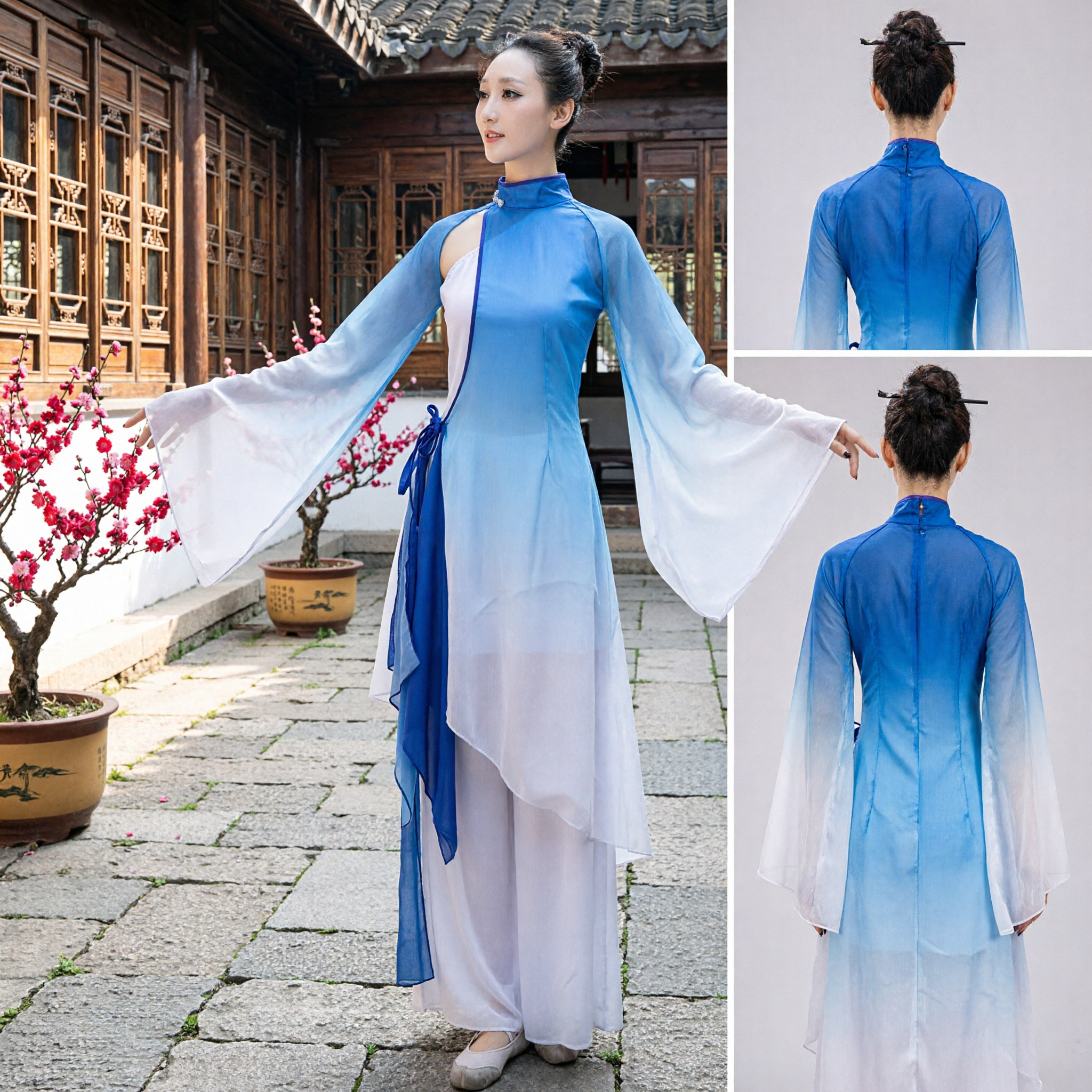 Elegant Blue Gradient Chinese Classical Dance Costume Traditional Folk Dance Dress for Women Stage Performance