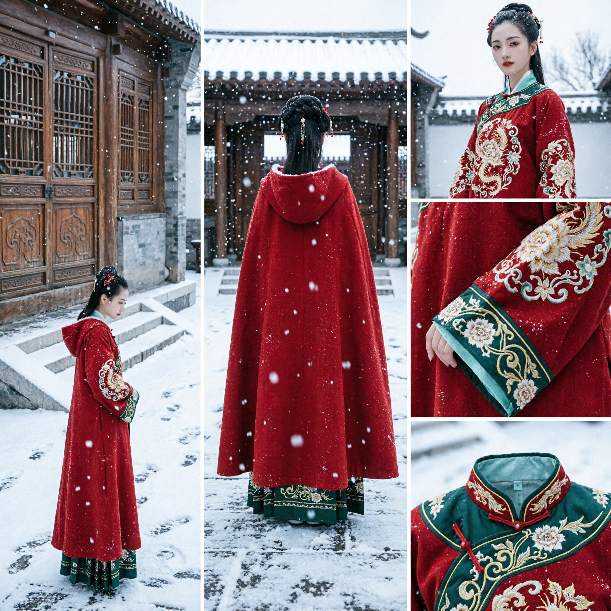 Women's Traditional Chinese Red Hooded Cloak Cape Ancient Hanfu Winter Costume for Cosplay and Photography