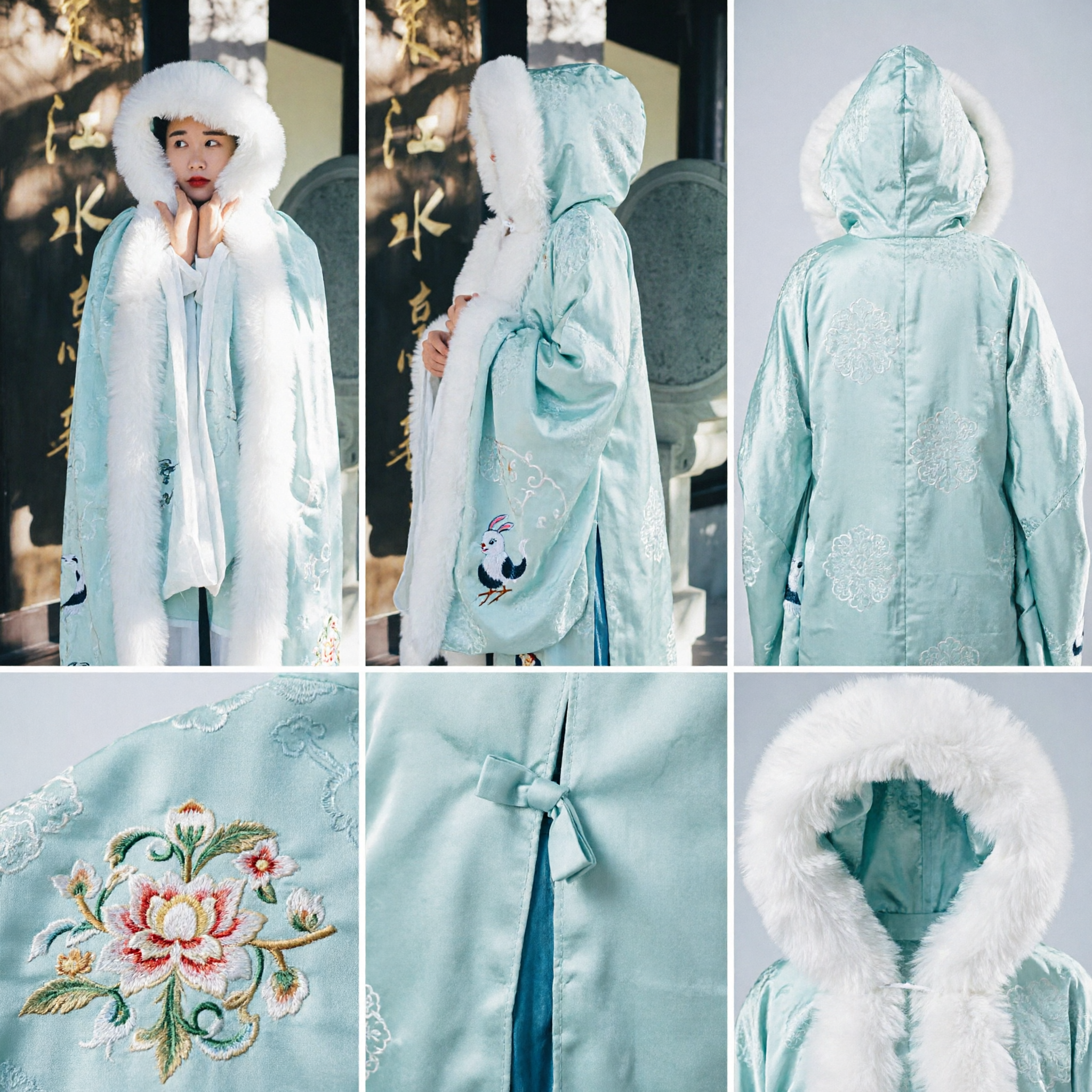 Ancient Chinese Hanfu Cloak with Fur Hood White Embroidered Doupeng Cape Winter Costume for Women