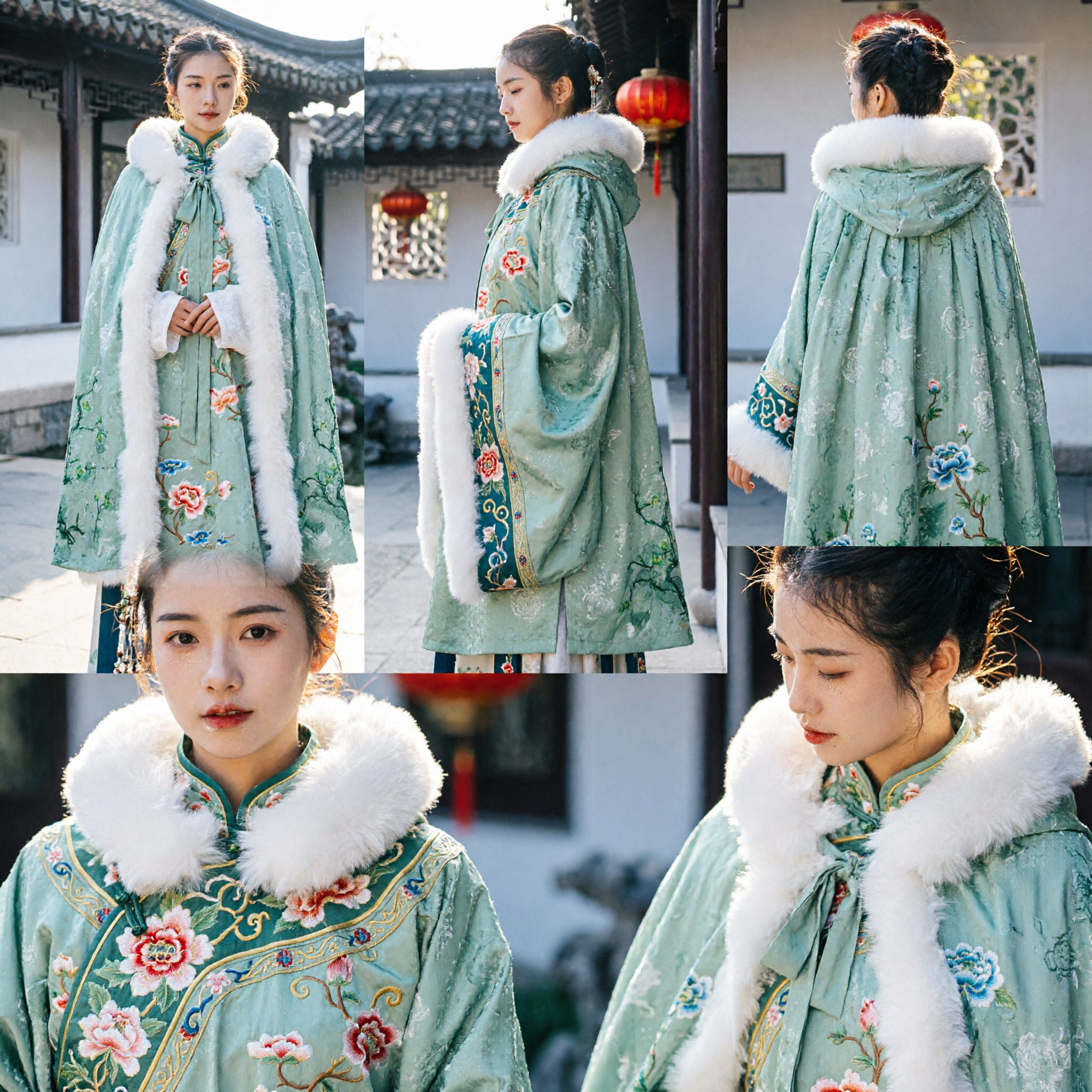 Elegant Green Velvet Hanfu Winter Cloak with White Fur Trim Traditional Chinese Floral Cape for Women