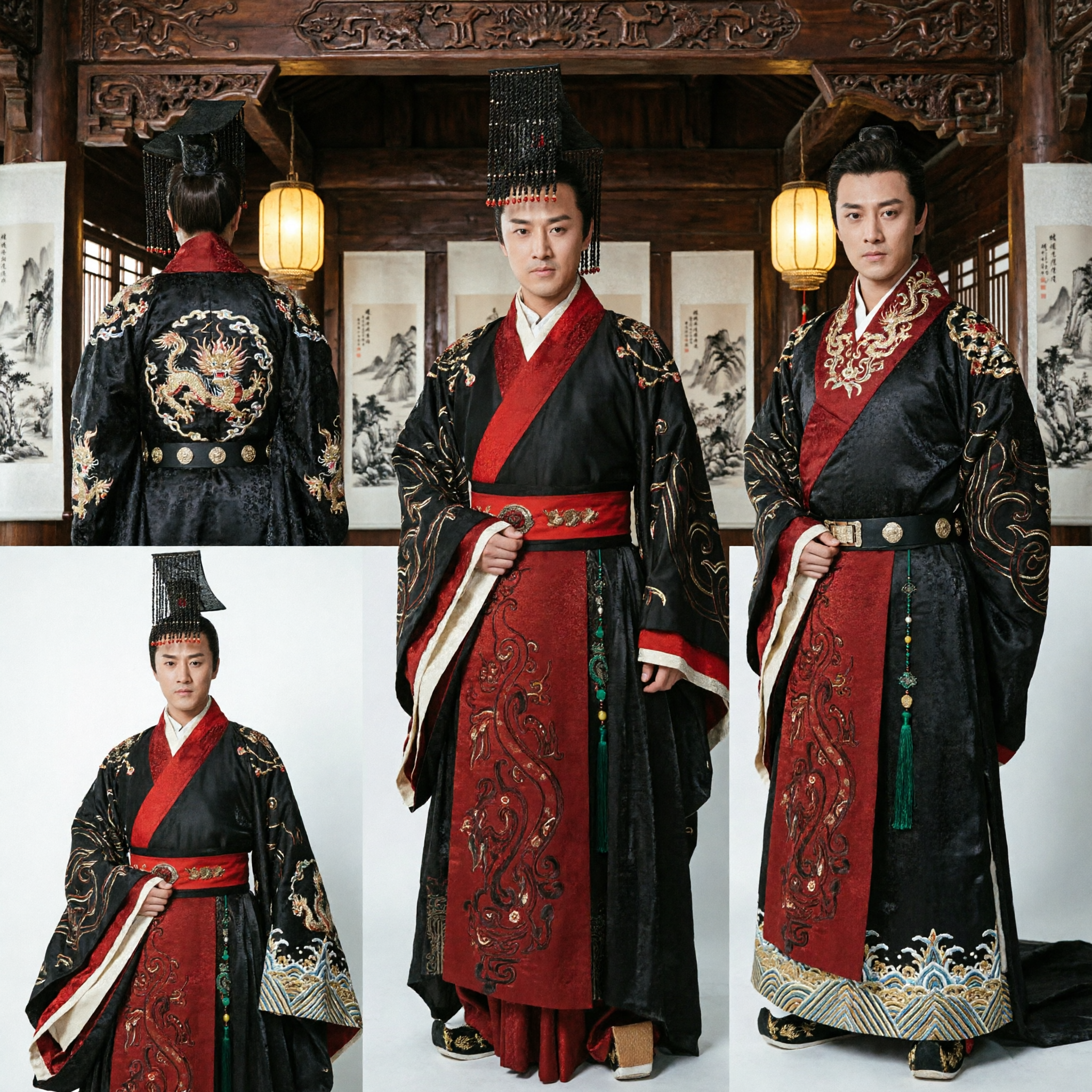Men's Ancient Chinese Emperor Hanfu Costume Traditional Black and Red Robe with Crown for Cosplay