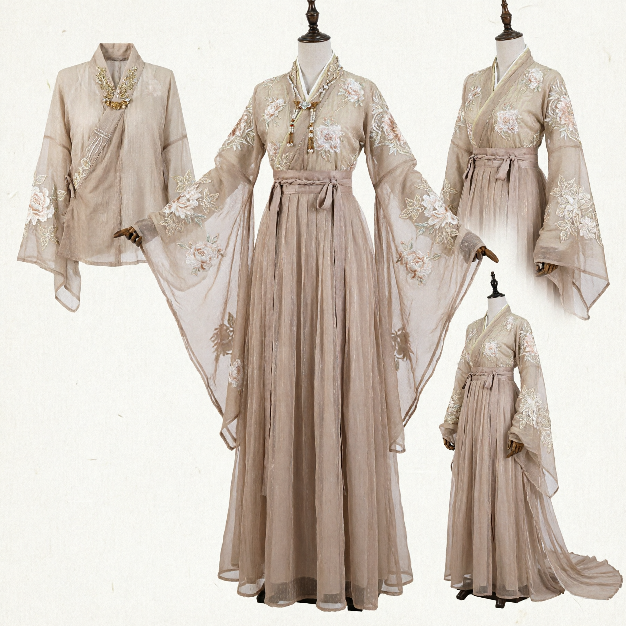 Elegant Beige Chinese Hanfu Ancient Costume Women's Fairy Dress with Floral Embroidery for Cosplay and Performance