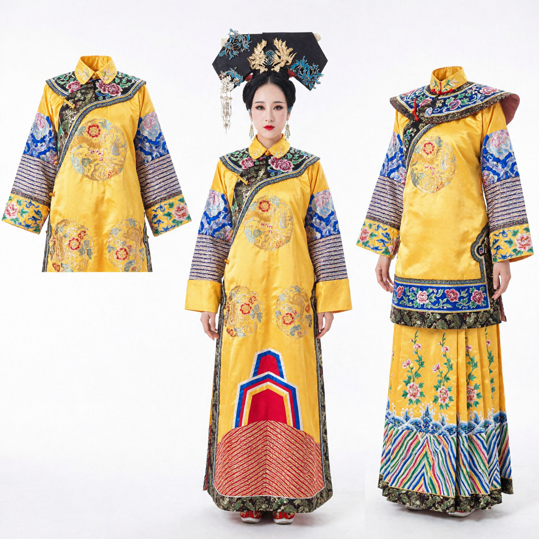 Chinese Traditional Qing Dynasty Empress Costume Yellow Dragon Robe Ancient Palace Dress for Women Stage Performance