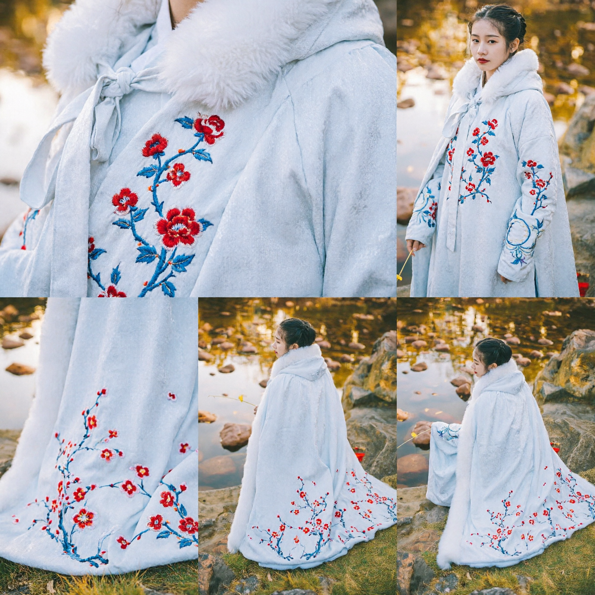 Traditional Chinese Winter Cloak White Fur Hooded Hanfu Cape with Red Plum Blossom Embroidery for Women