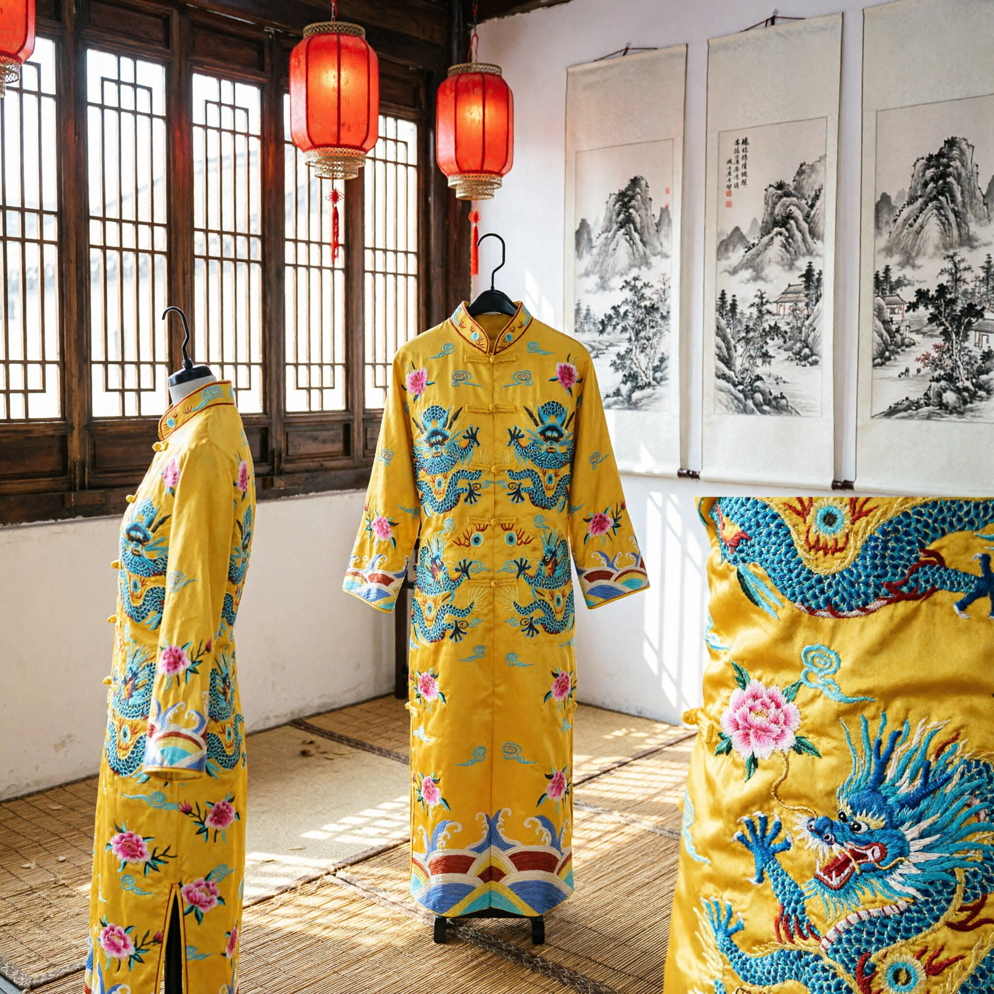 Traditional Yellow Dragon Embroidery Tang Suit Chinese Satin Costume for Men Performance Wedding Ceremony