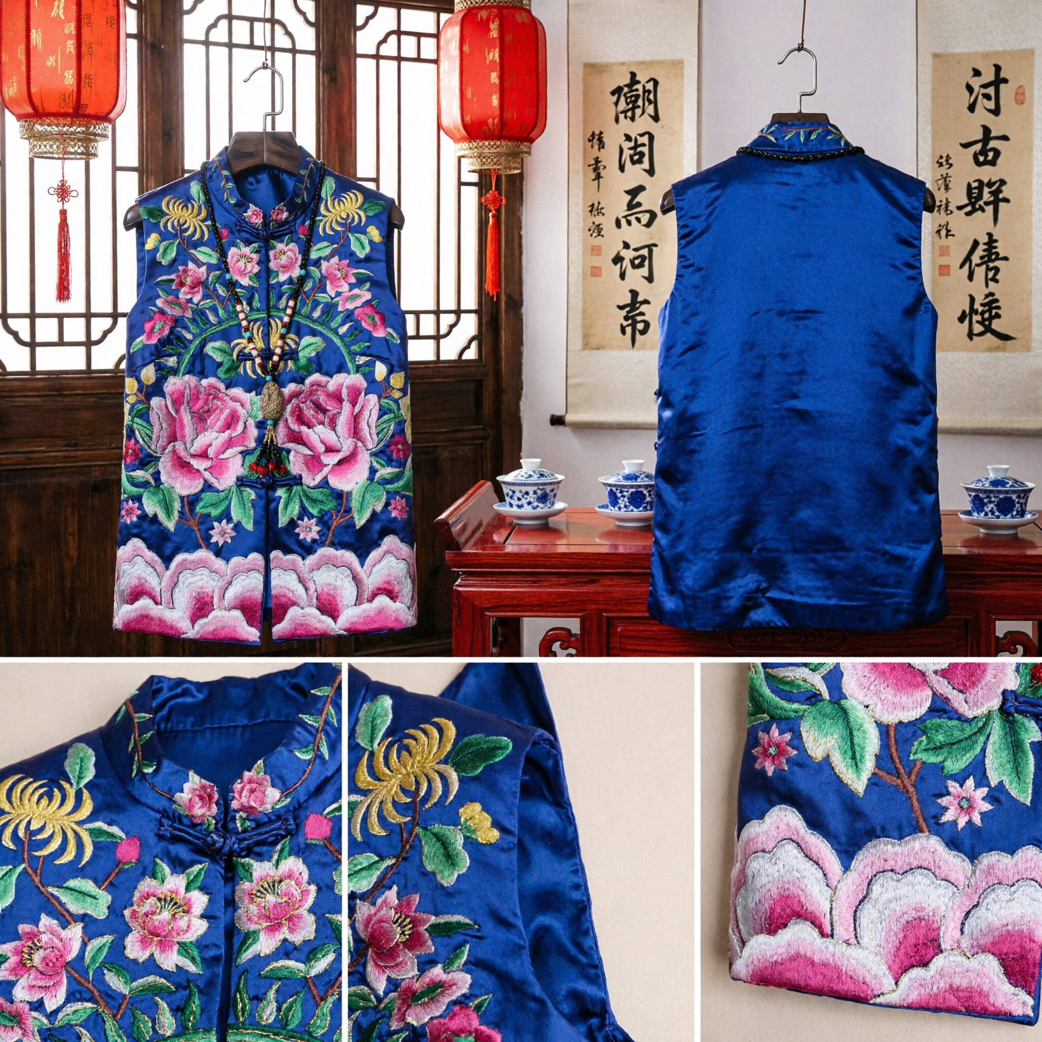 Traditional Chinese Blue Silk Embroidered Vest Women Vintage Peony Tang Suit Waistcoat Ethnic Top Apparel