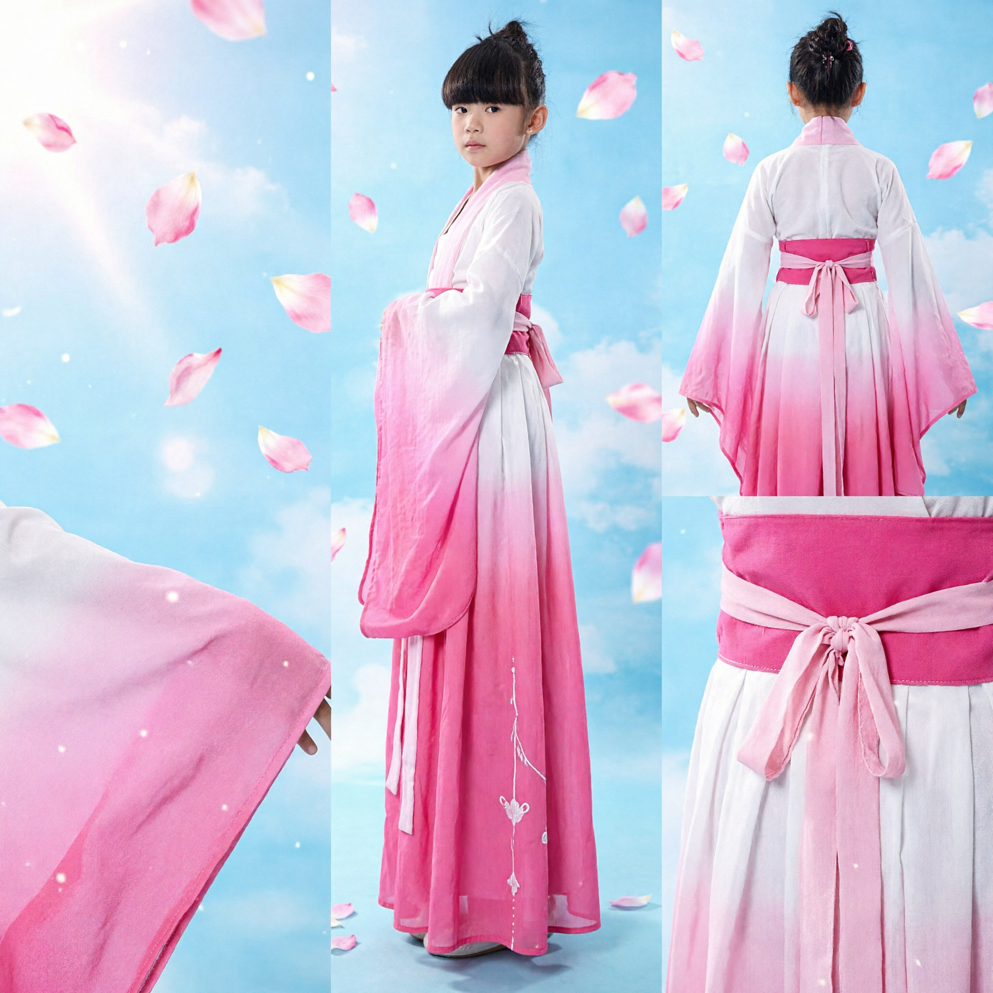 Kids Girls Ancient Chinese Hanfu Costume Pink Gradient Fairy Dress Traditional Princess Outfit for Dance Performance