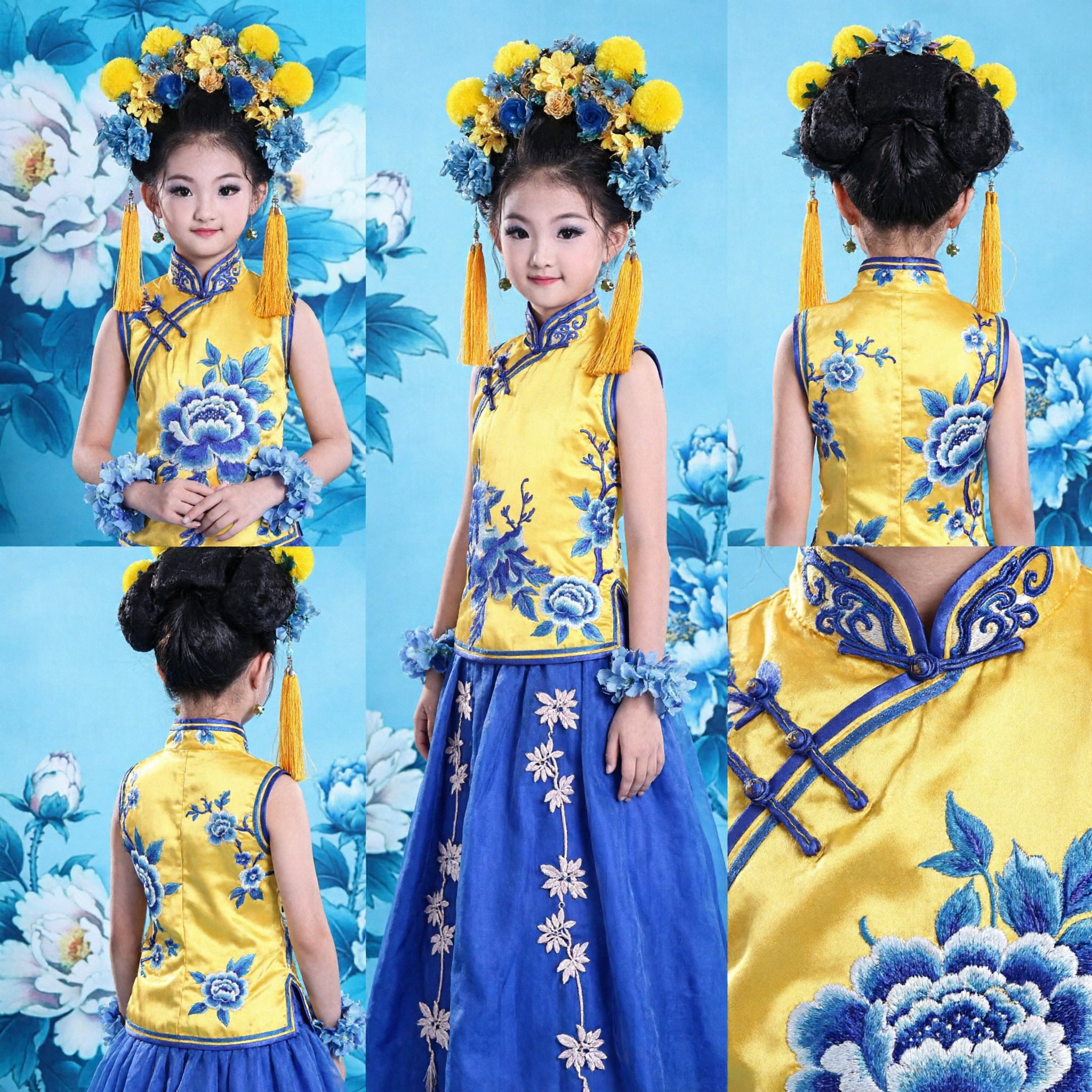 Kids Chinese Traditional Costume Yellow Cheongsam Top Blue Tulle Skirt Ancient Princess Dress for Girls Stage Performance