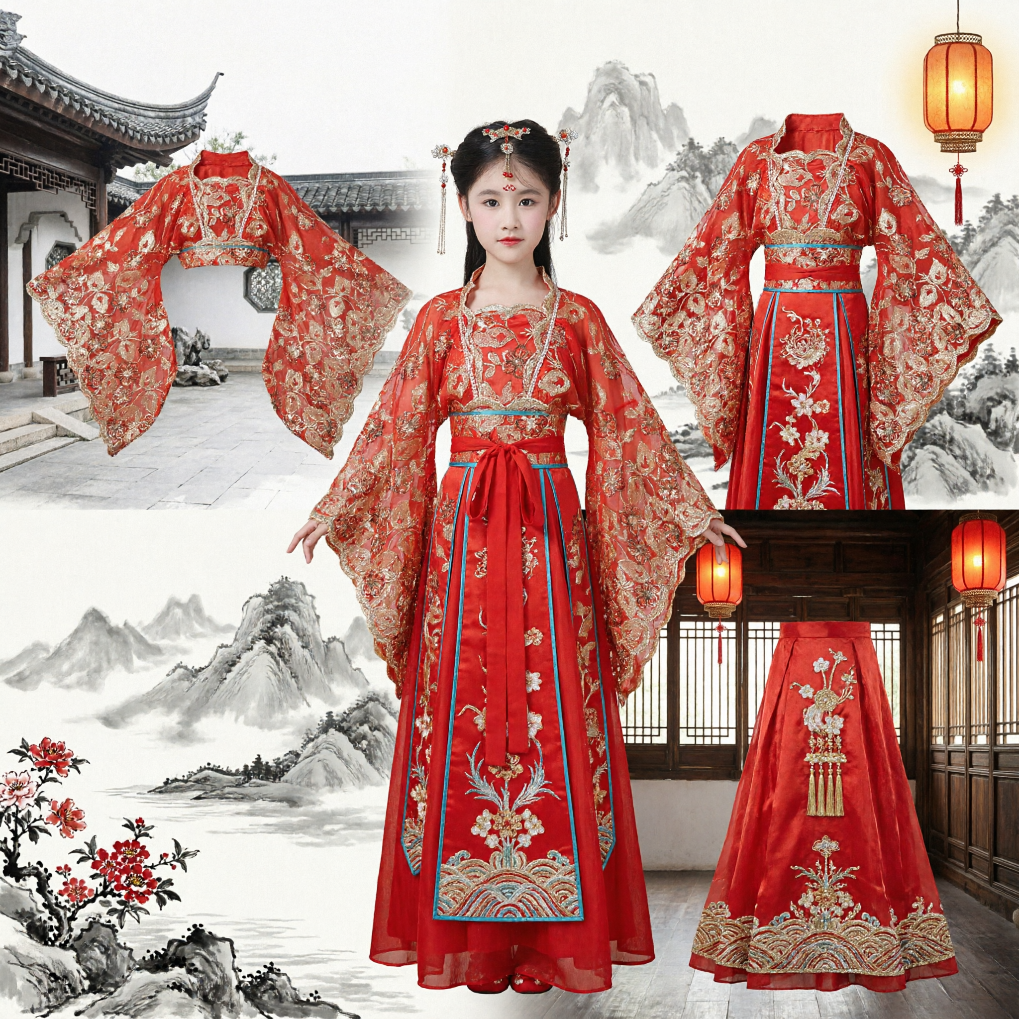 Traditional Chinese Hanfu Costume for Kids Red Ancient Princess Dress Gold Embroidery Stage Performance Outfit