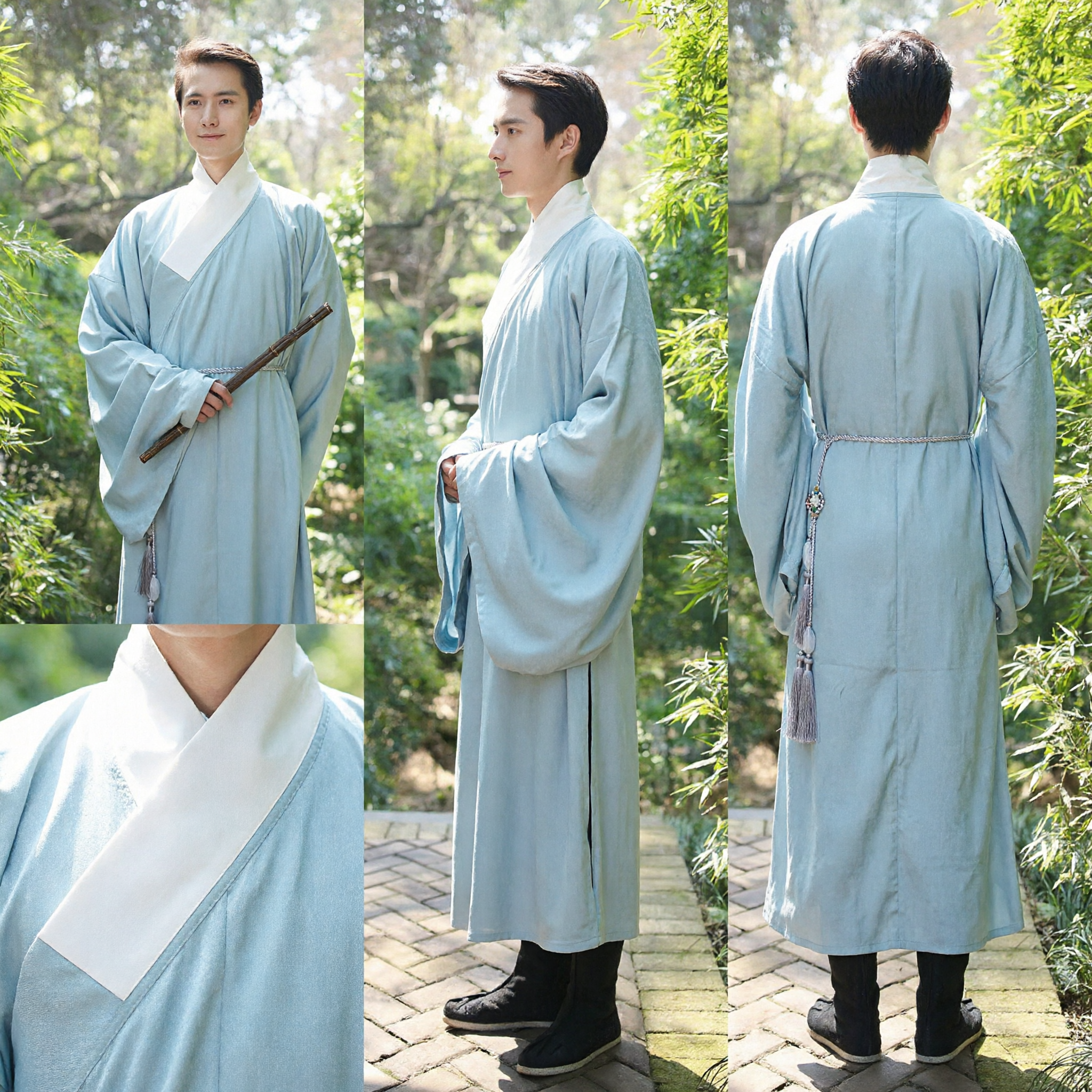 Ancient Chinese Hanfu Men's Light Blue Wide Sleeve Robe Traditional Scholar Costume for Cosplay and Photography