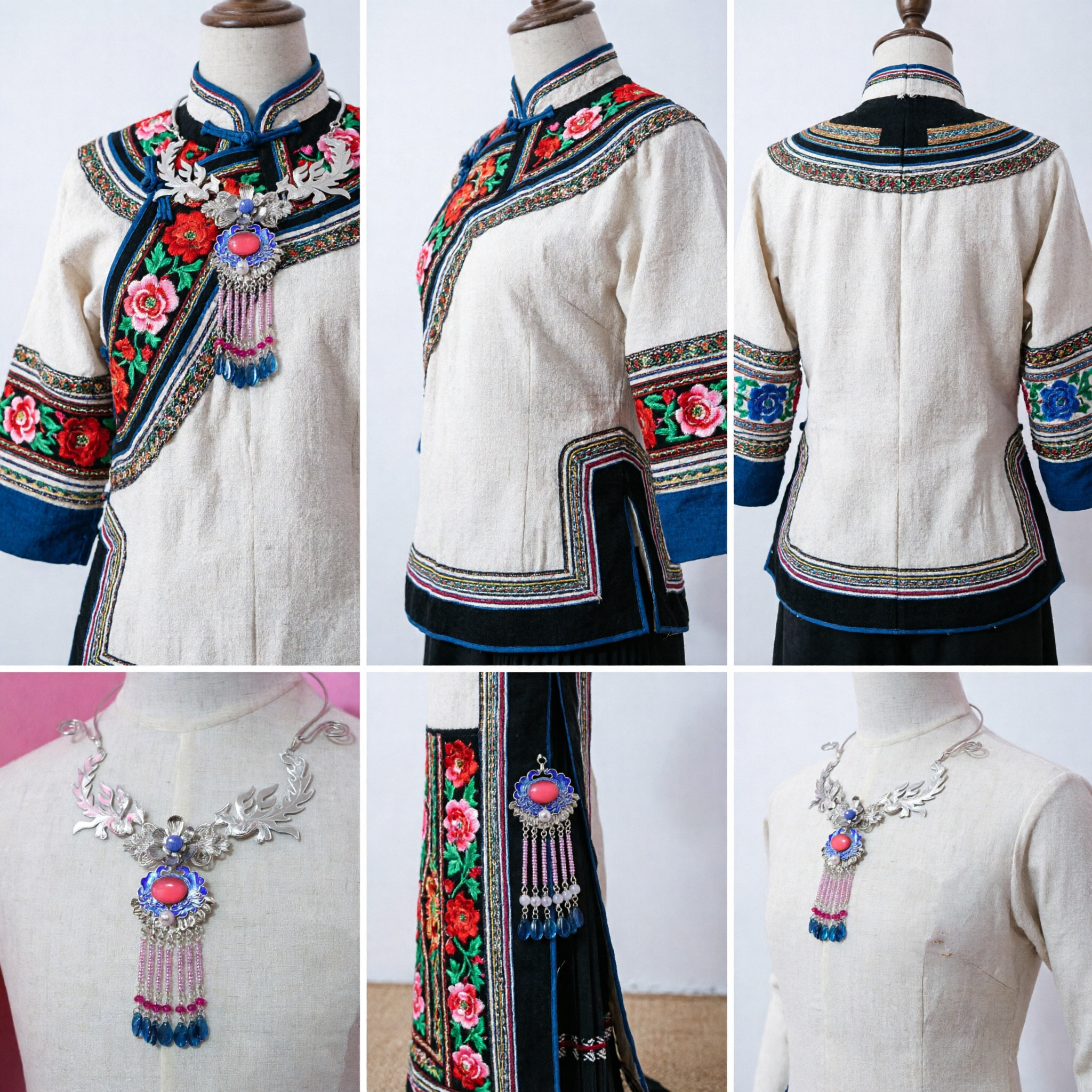 Traditional Chinese Miao Silver Necklace Blue Enamel Phoenix Tassel Pendant Ethnic Wedding Jewelry for Women Brides