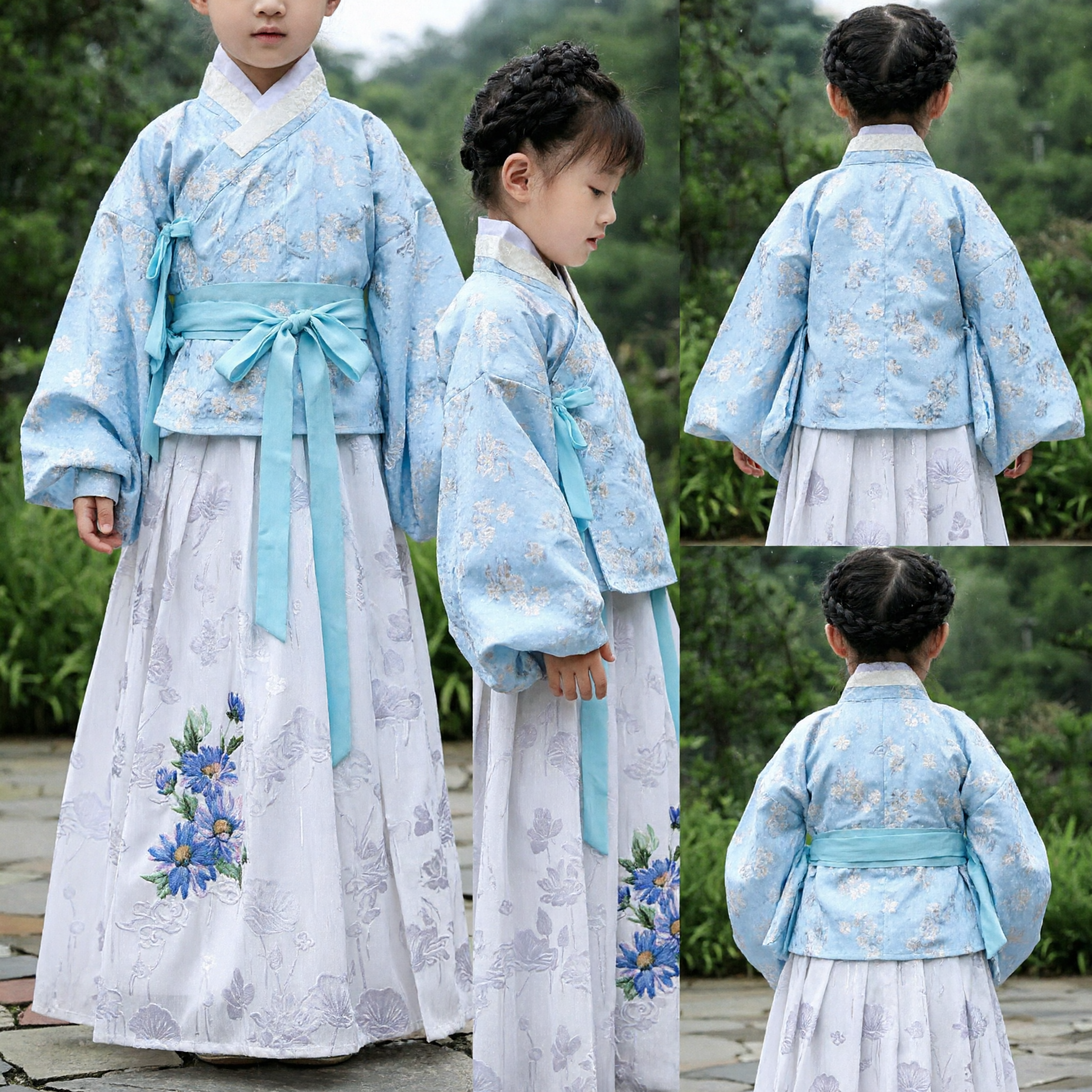 Traditional Chinese Hanfu for Kids Girls Light Blue Cross-Collar Top and White Floral Embroidered Skirt Ancient Costume Set