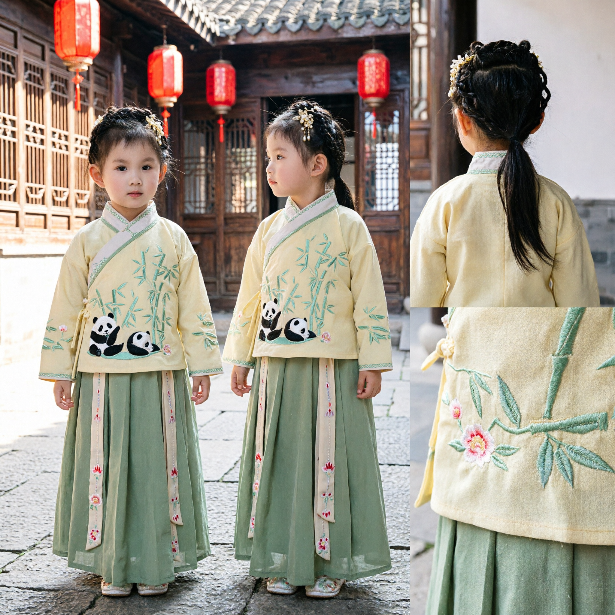 Kids Chinese Traditional Hanfu Costume Girls Ancient Clothing Yellow Bamboo Panda Embroidery Top and Green Skirt Set