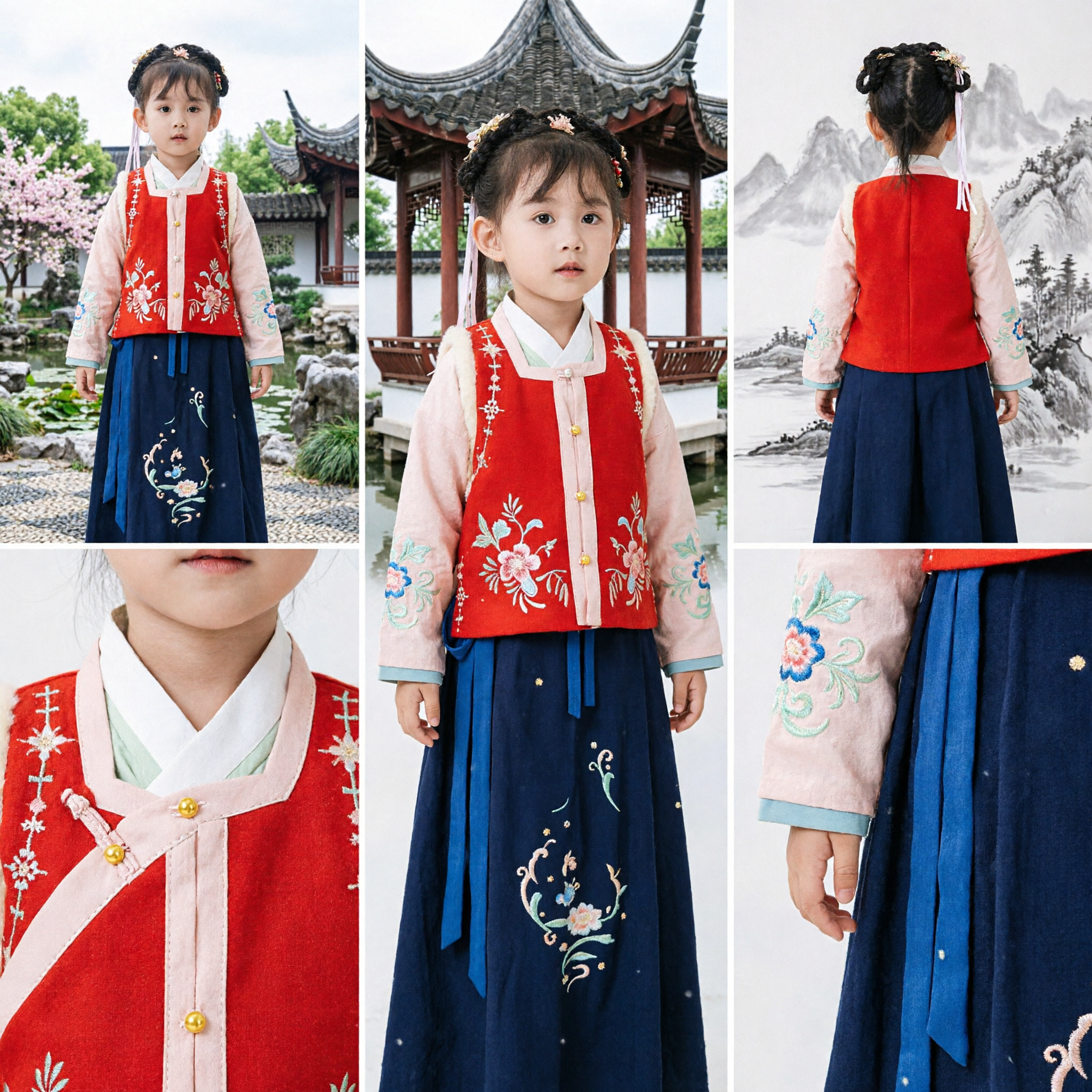 Traditional Korean Hanbok Costume for Kids Girls Embroidered Red Top Blue Skirt Set for Festivals