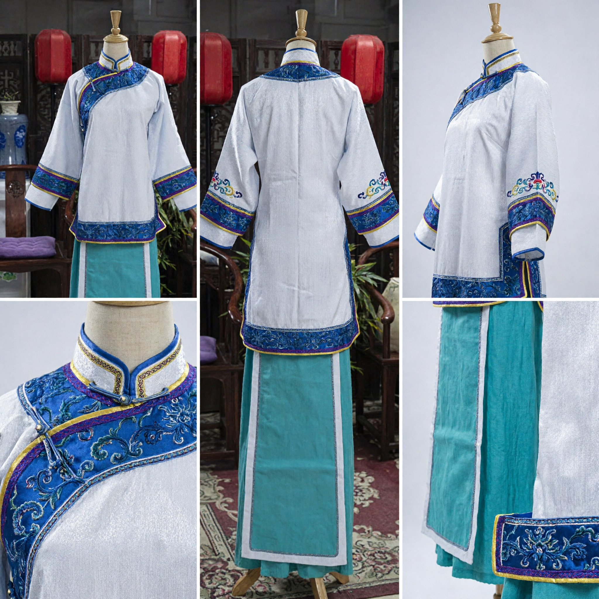 Traditional Chinese Hanfu Costume Women Ancient Blue White Embroidered Top Skirt Set for Tea Ceremony Performance