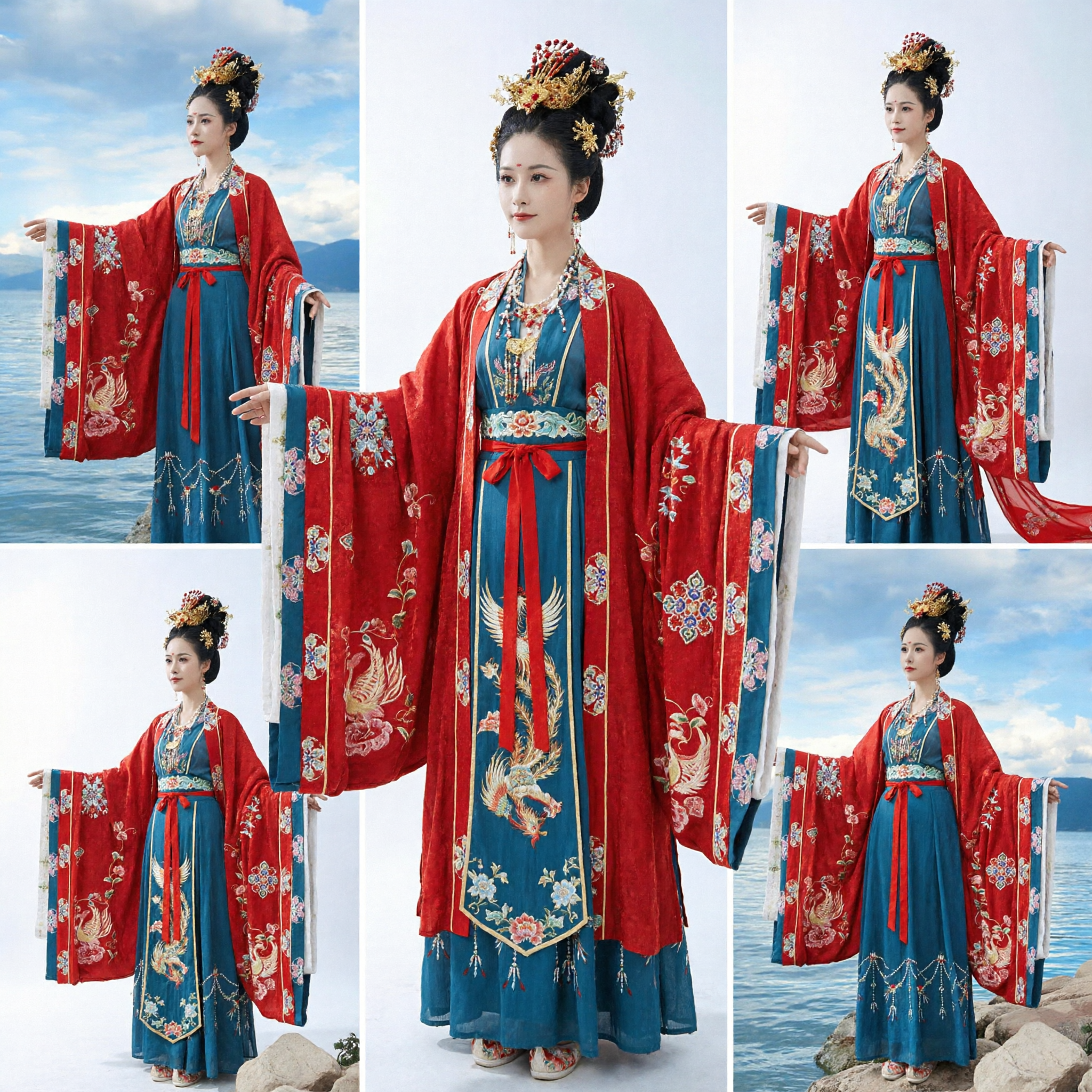 Traditional Chinese Hanfu Costume Ancient Tang Dynasty Princess Red Embroidered Cloak Blue Dress for Women