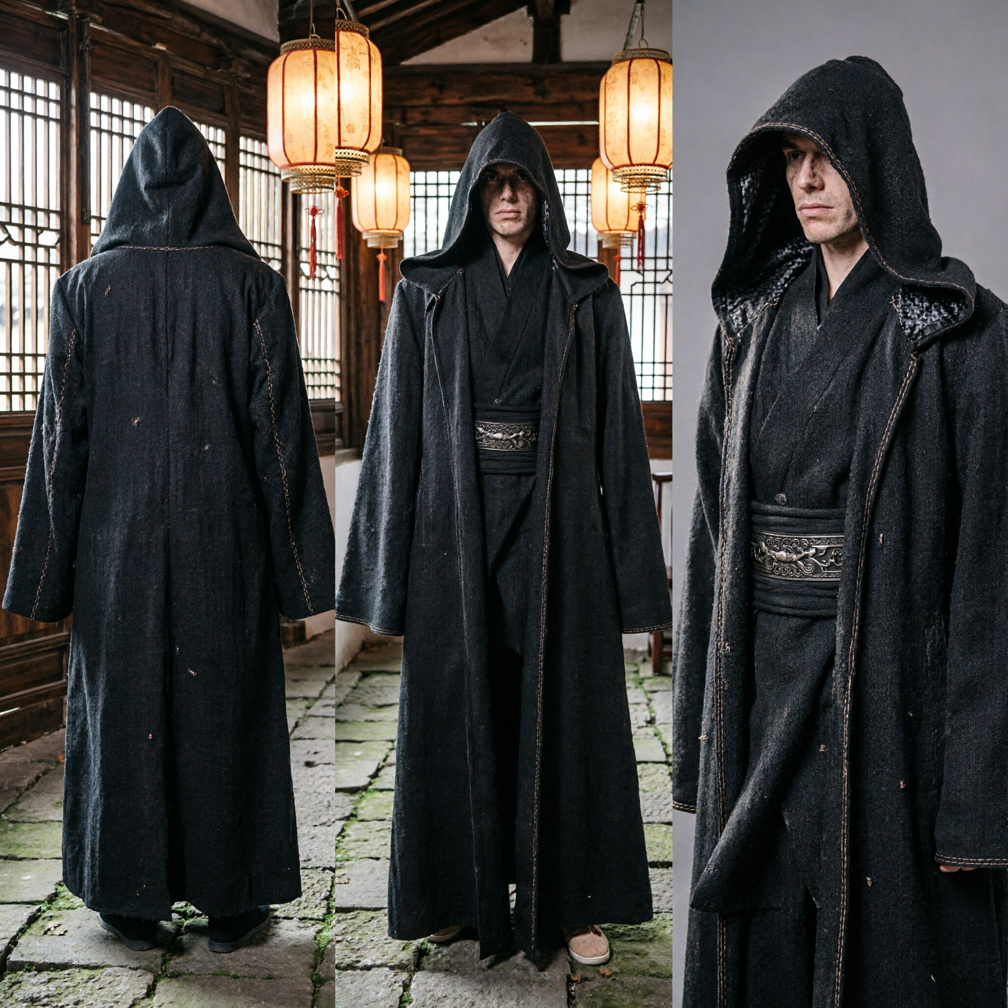 Traditional Chinese Black Hooded Robe Wuxia Martial Arts Assassin Costume for Men Cosplay Performance