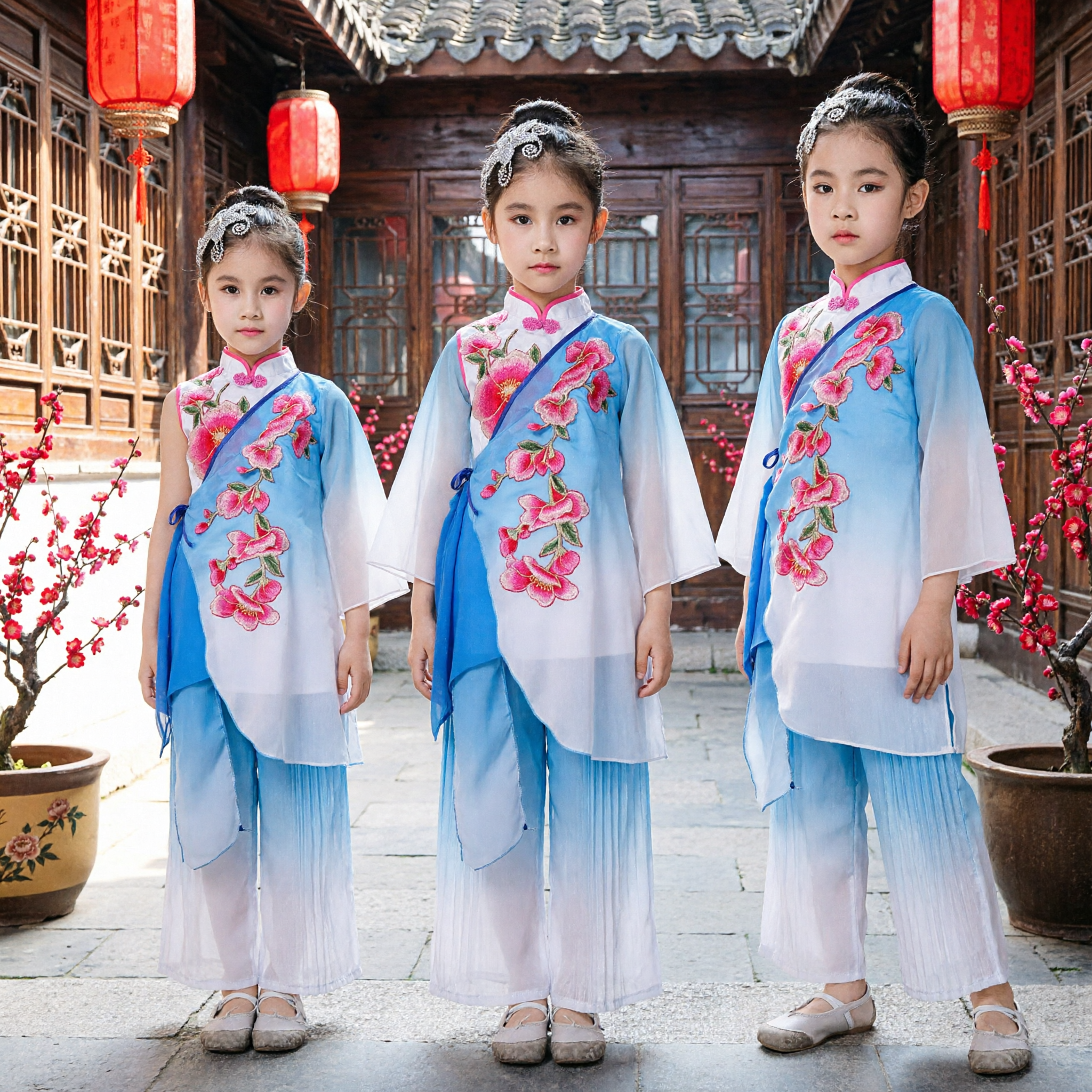 Girls Traditional Chinese Folk Dance Costume Kids Classical Stage Performance Dress Blue Floral Embroidery Cheongsam Set