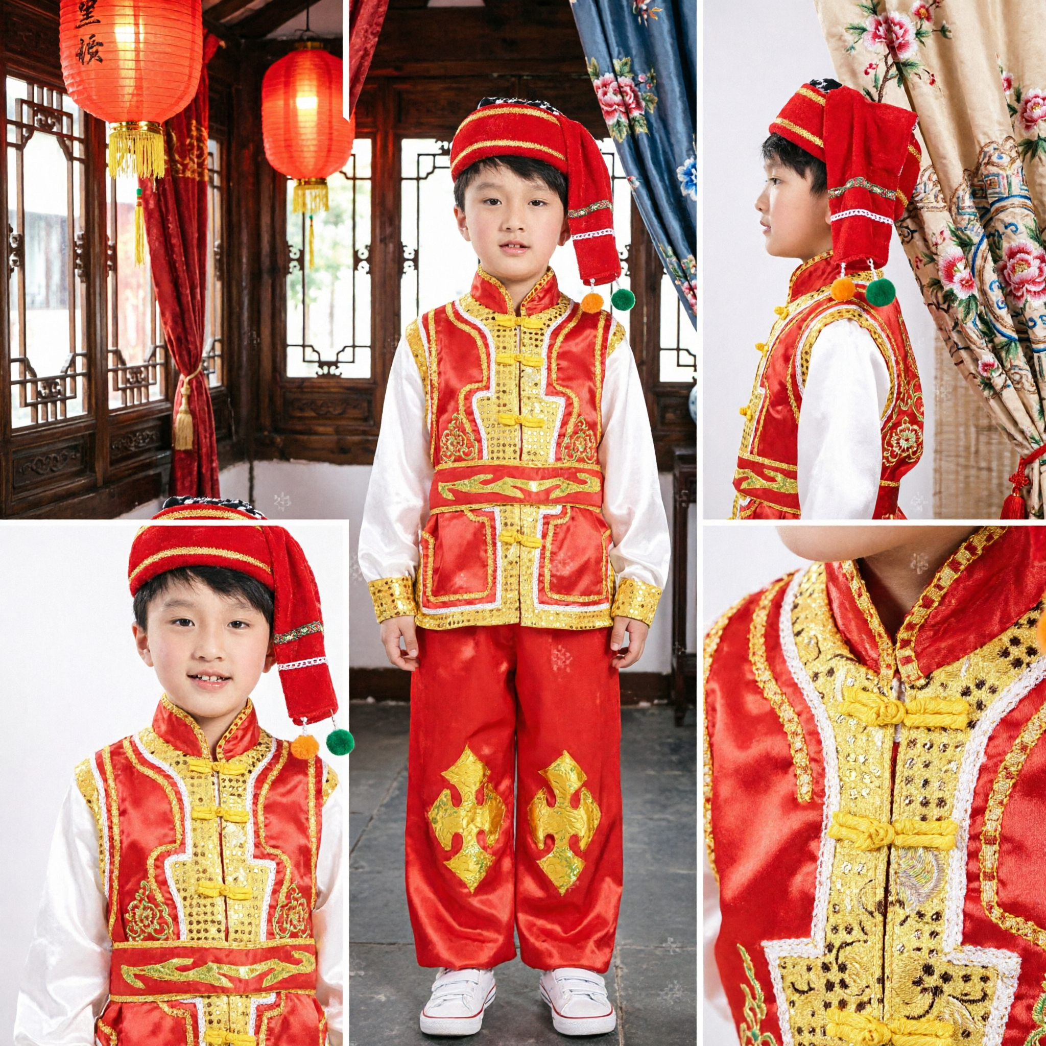 Boys Traditional Chinese Yangge Dance Costume Red and Gold Folk Performance Outfit Set