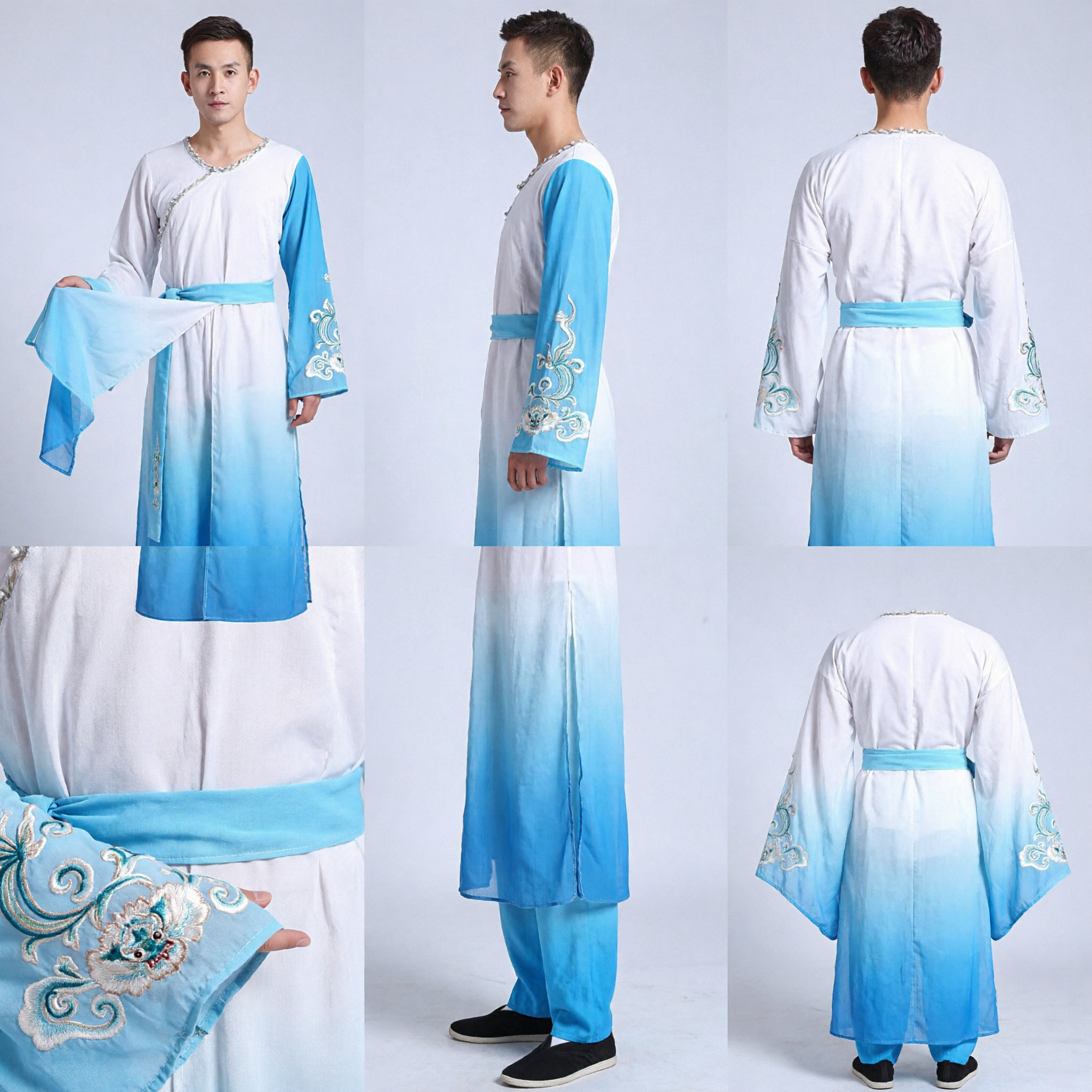 Men's Chinese Traditional Gradient Blue Kung Fu Uniform Classical Fan Dance Performance Costume