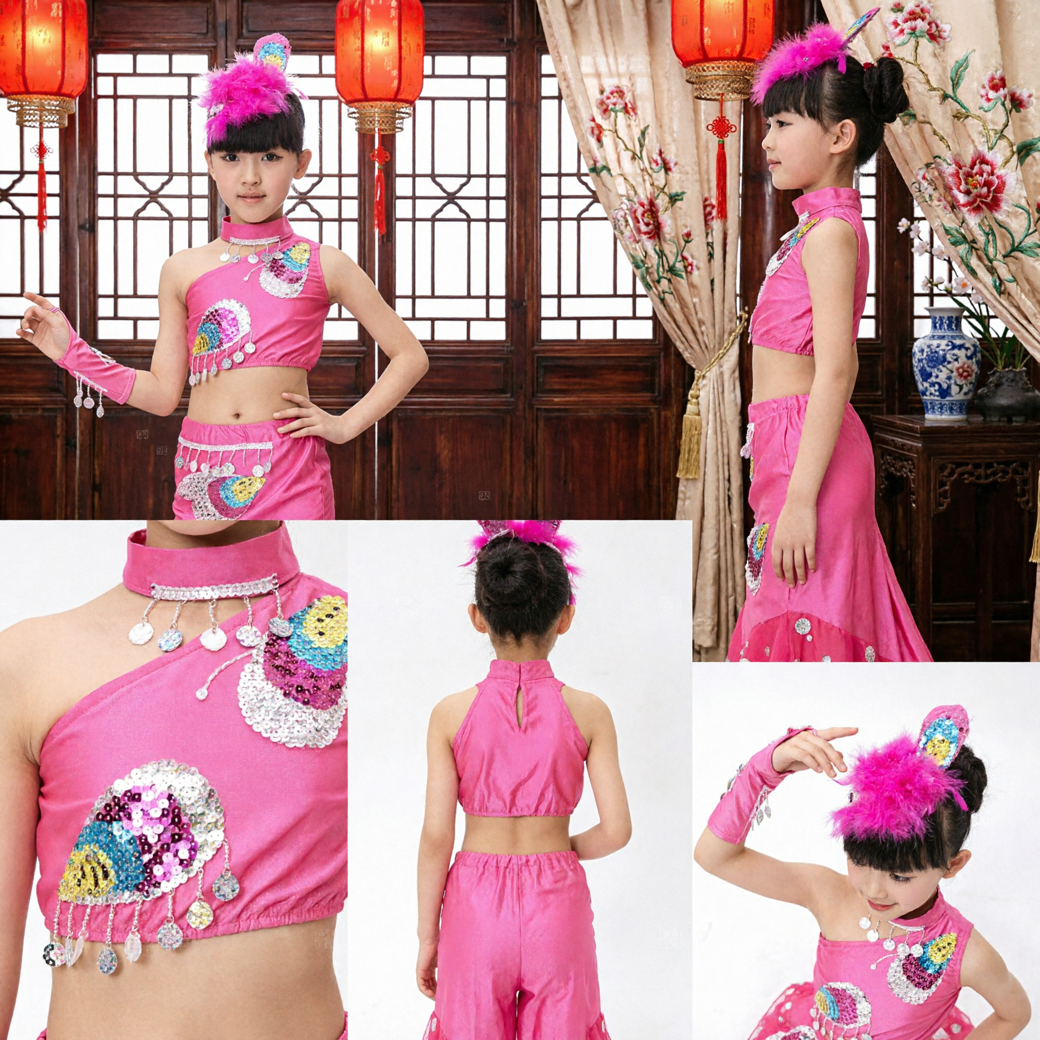 Pink Dai Ethnic Peacock Dance Costume for Kids Girls Stage Performance Traditional Folk Dress