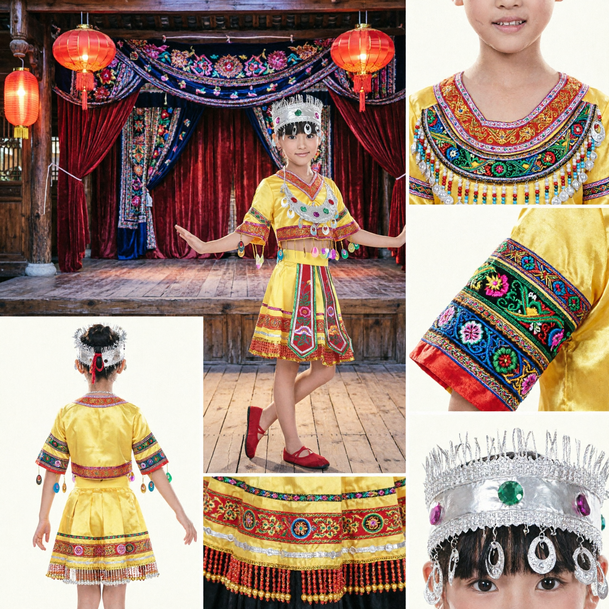 Kids Chinese Ethnic Yellow Miao Dance Costume Traditional Folk Stage Performance Outfit for Girls