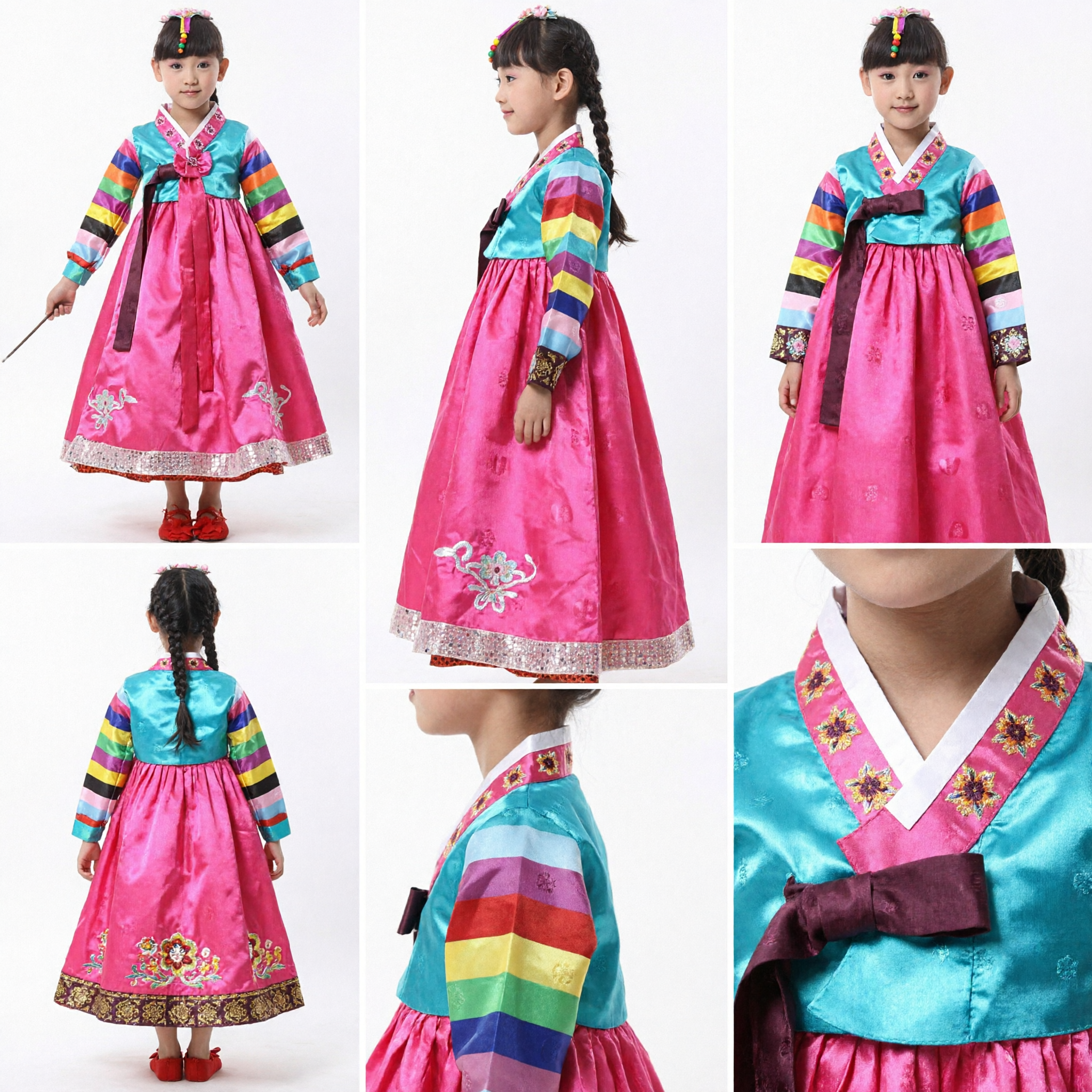 Girls Korean Traditional Hanbok Costume Rainbow Sleeve Folk Dress for Dance Performance and Festivals