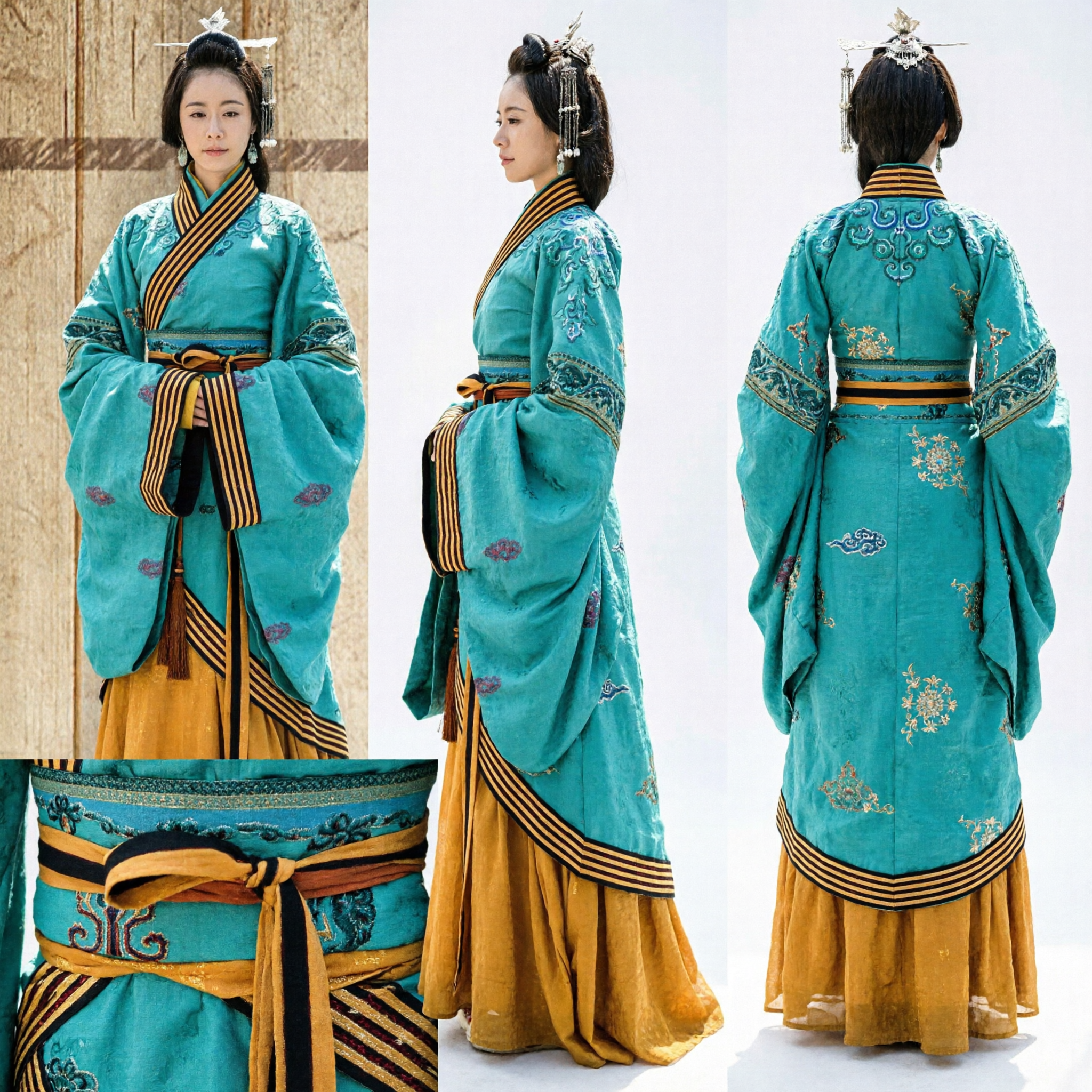 Women's Chinese Traditional Hanfu Costume Teal and Gold Ancient Palace Dress for Cosplay and Historical Events