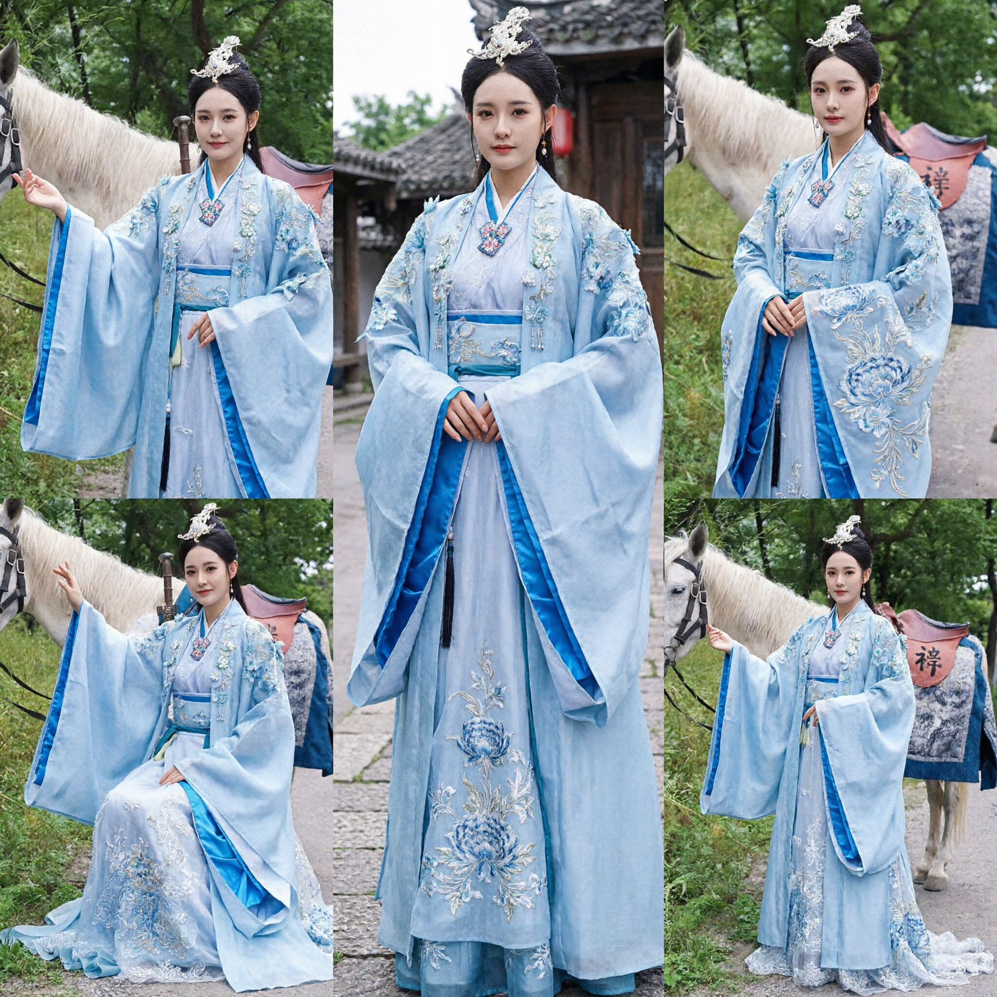 Traditional Chinese Hanfu Costume Blue Ancient Fairy Dress Embroidered Wide Sleeve Outfit for Women