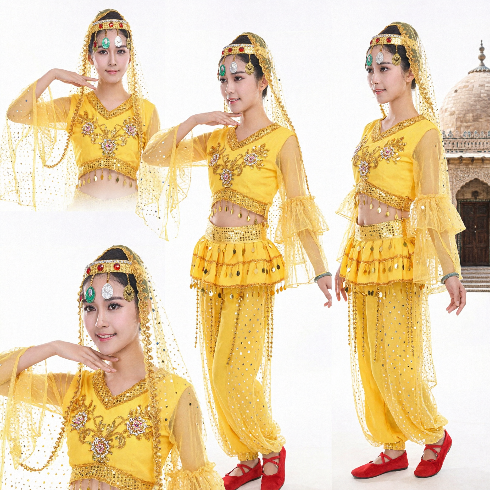 Women's Yellow Indian Dance Costume Traditional Bollywood Stage Performance Outfit with Headpiece and Jewelry