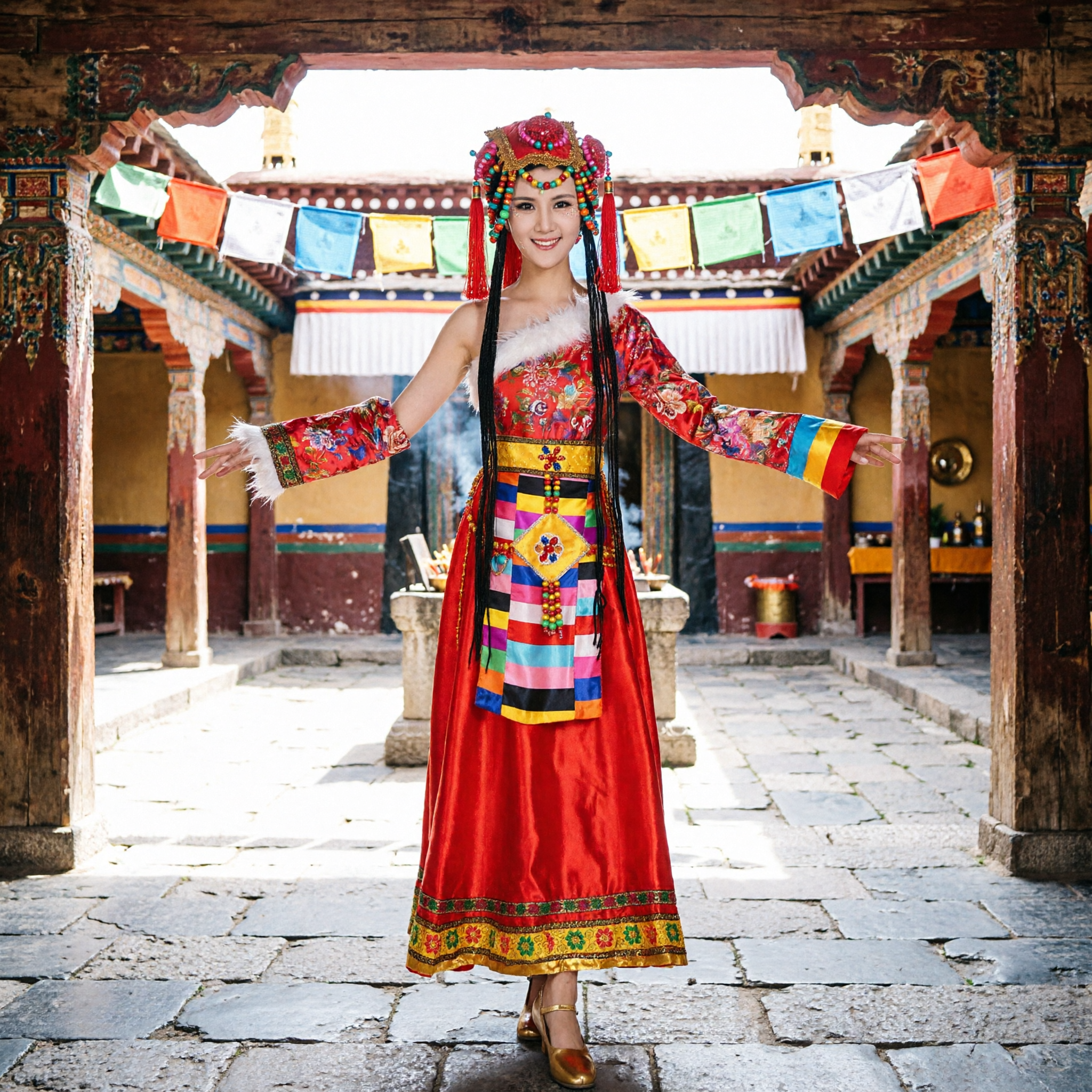 Traditional Tibetan Ethnic Folk Dance Costume Red Floral Dress with Headdress for Women Stage Performance