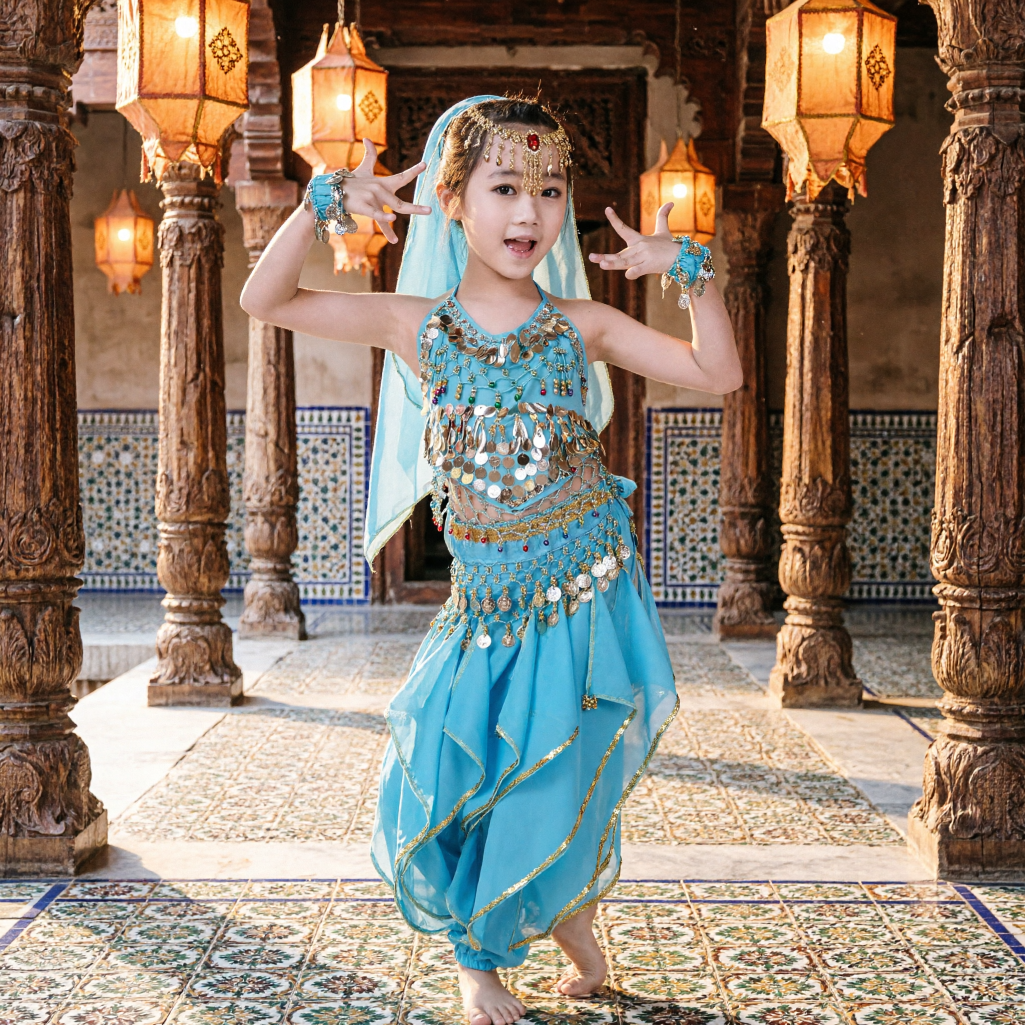 Girls Blue Indian Bollywood Belly Dance Costume Kids Princess Outfit for Halloween Party