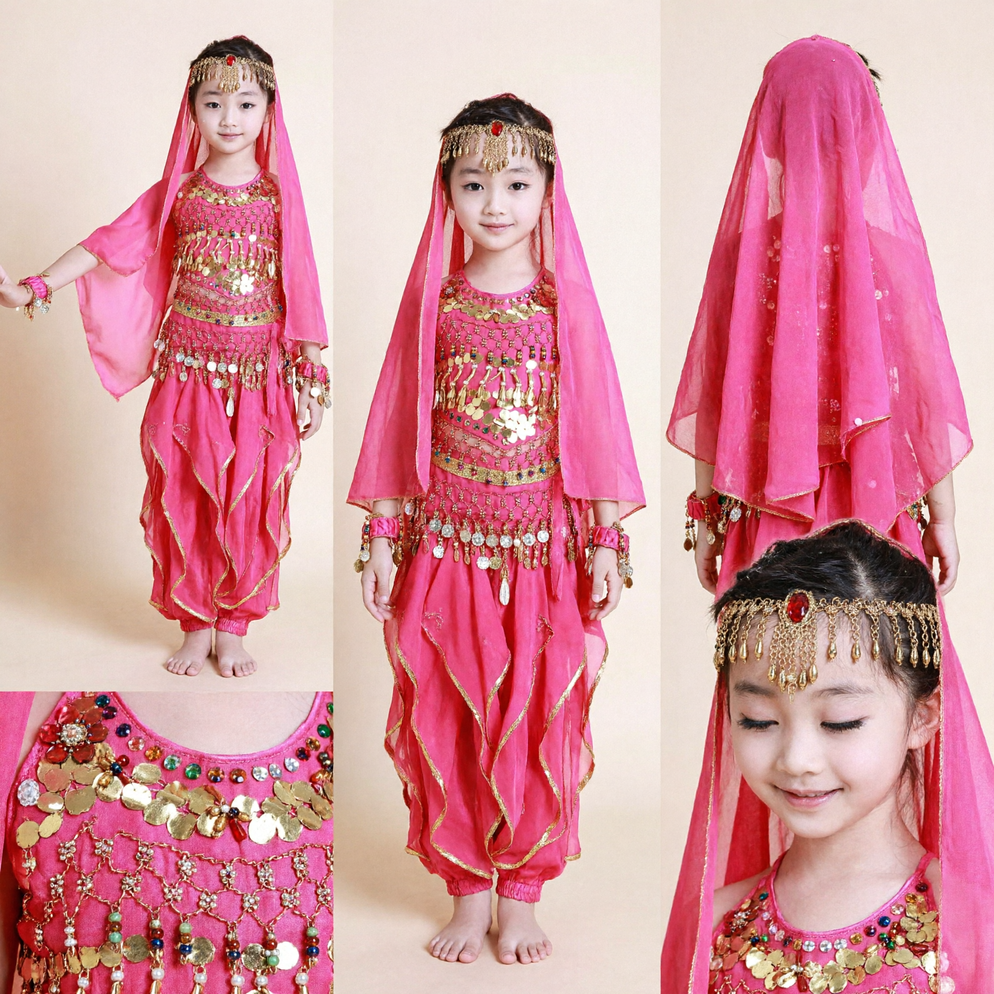 Kids Indian Dance Costume Pink Bollywood Belly Dress Girl Stage Performance Outfit Set with Headpiece