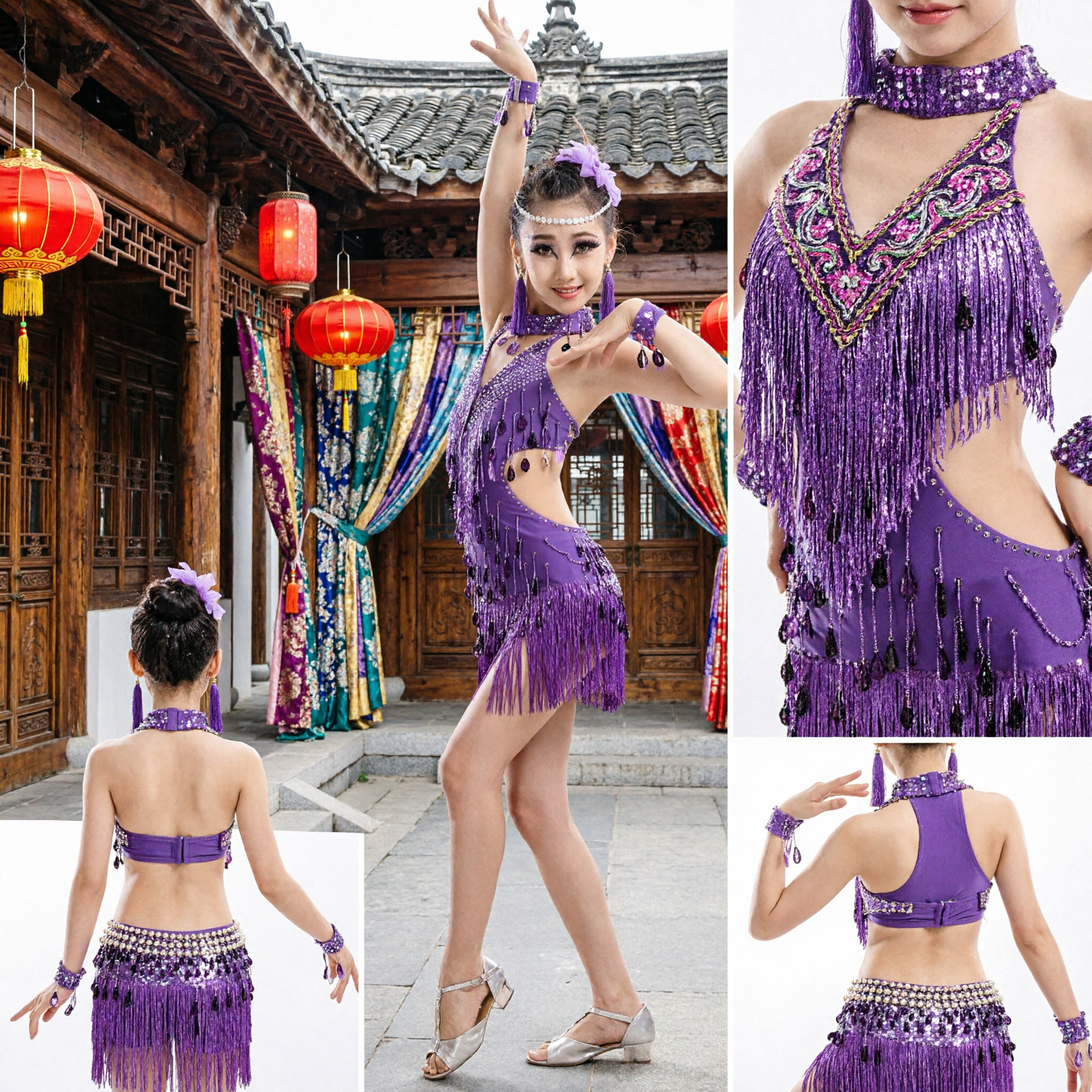 Girls Purple Latin Dance Dress Sequin Fringe Ballroom Performance Costume for Competition Stage Show