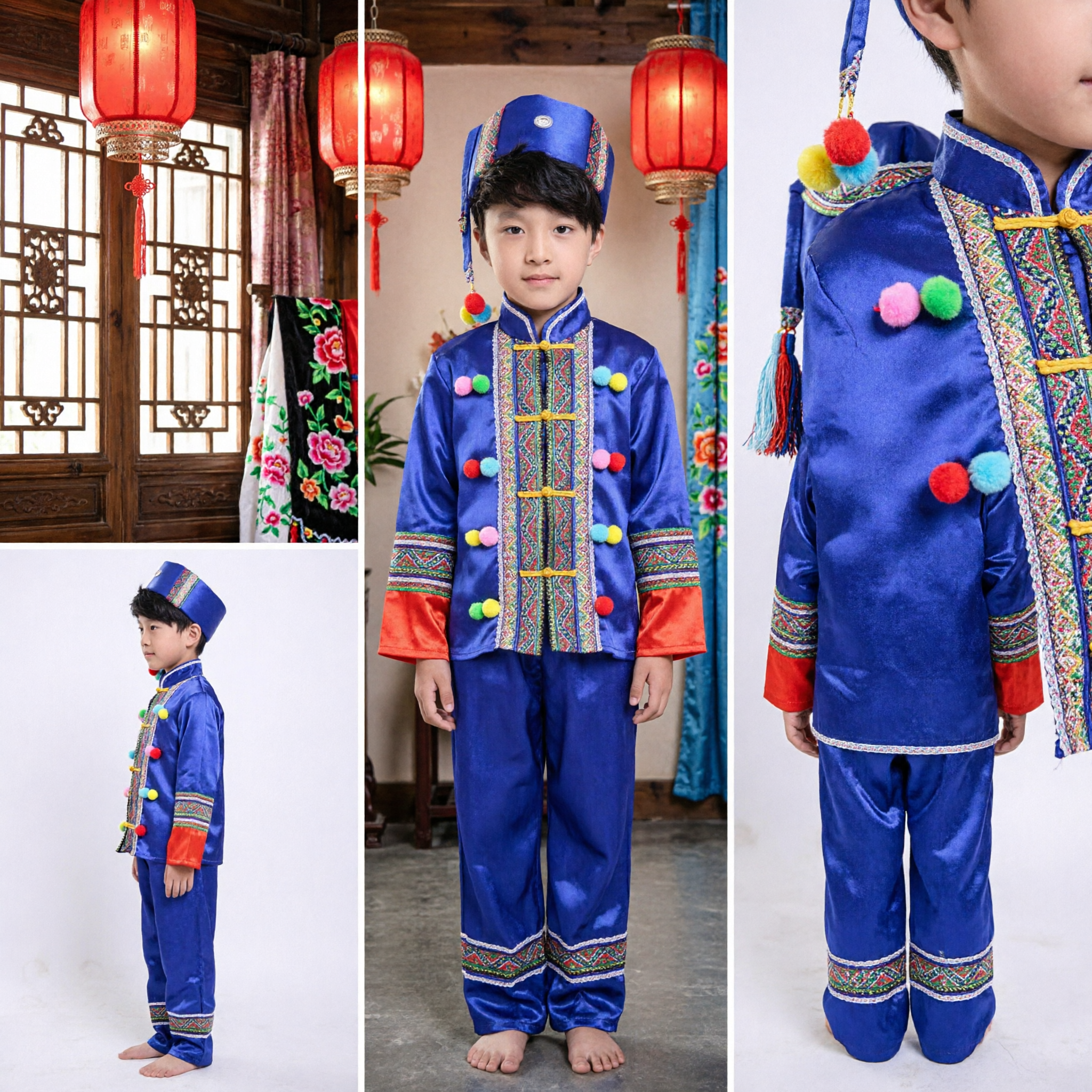 Kids Boys Blue Chinese Ethnic Minority Folk Dance Costume Traditional Performance Outfit with Embroidered Hat