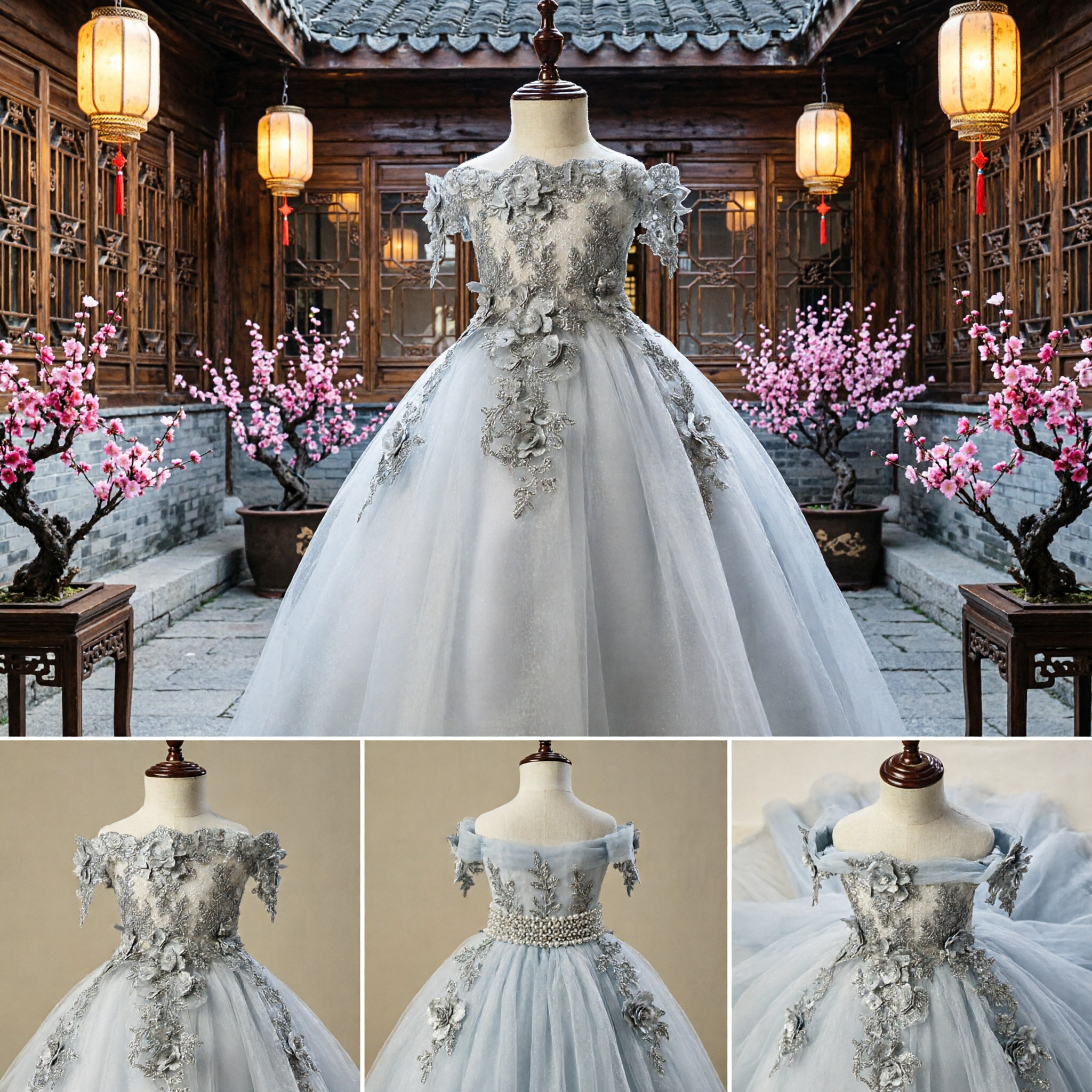 Elegant Silver Grey Flower Girl Dress Off-Shoulder Lace Applique Tulle Ball Gown for Wedding Party