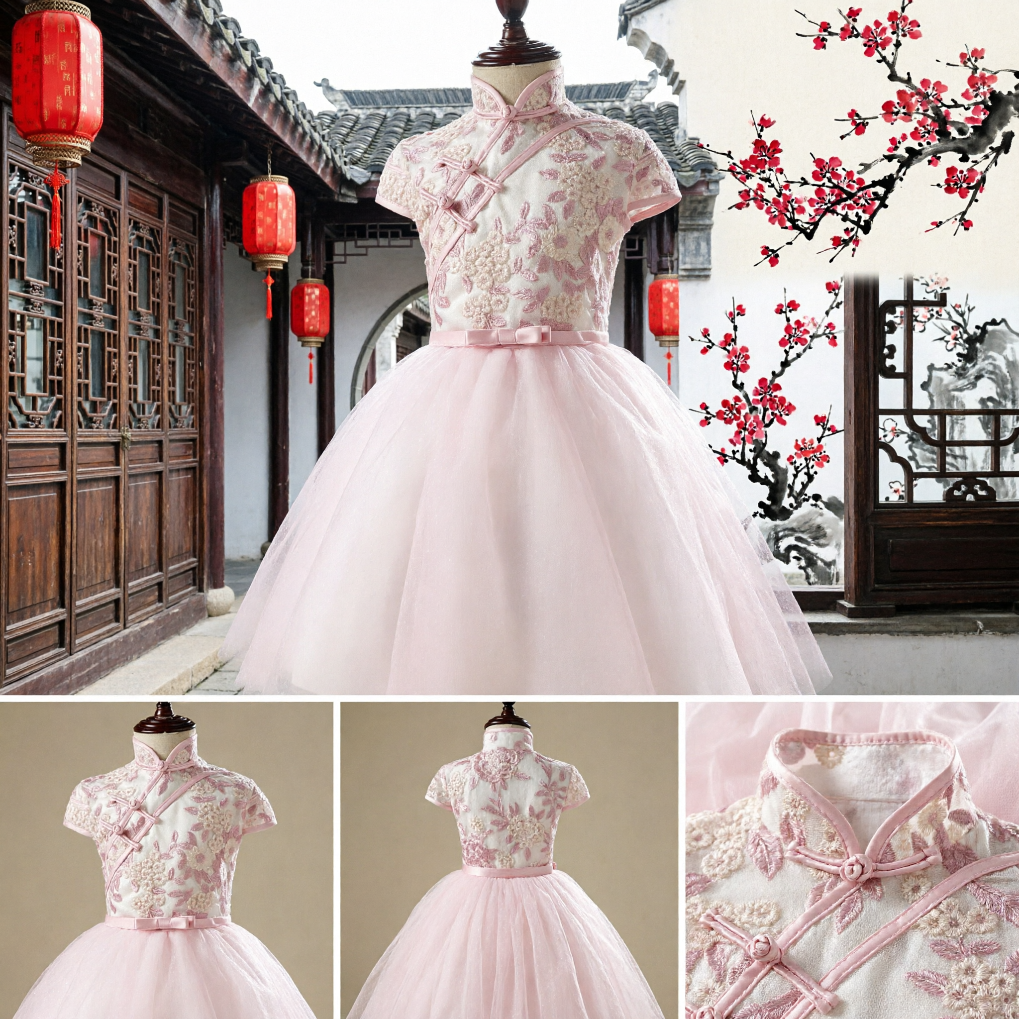 Kids Girls Pink Cheongsam Qipao Dress Floral Embroidery Tulle Skirt Wedding Flower Girl Formal Gown