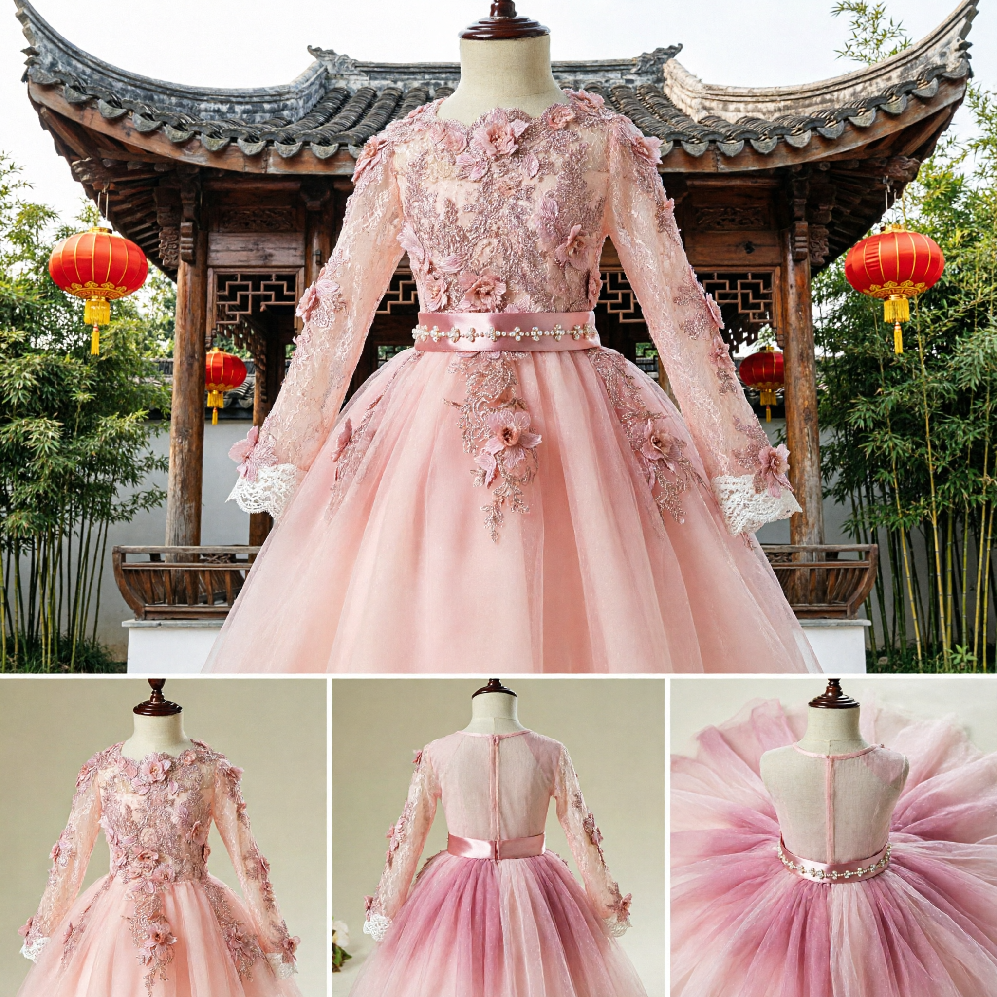 Girls Pink Lace Long Sleeve Flower Girl Dress 3D Floral Applique A-Line Tulle Wedding Party Gown