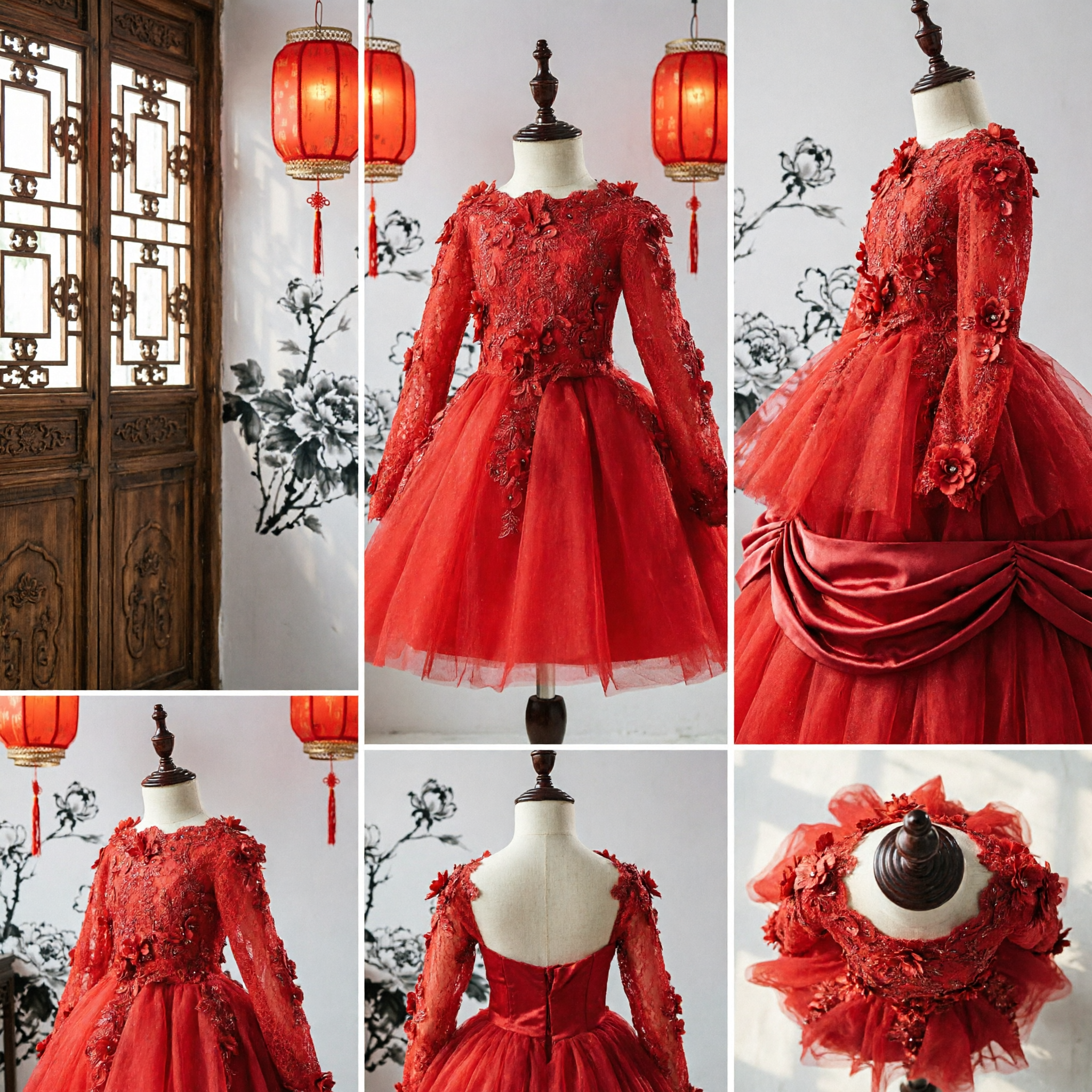 Elegant Red Long Sleeve Lace Flower Girl Dress with 3D Floral Appliques and Tulle Skirt for Weddings