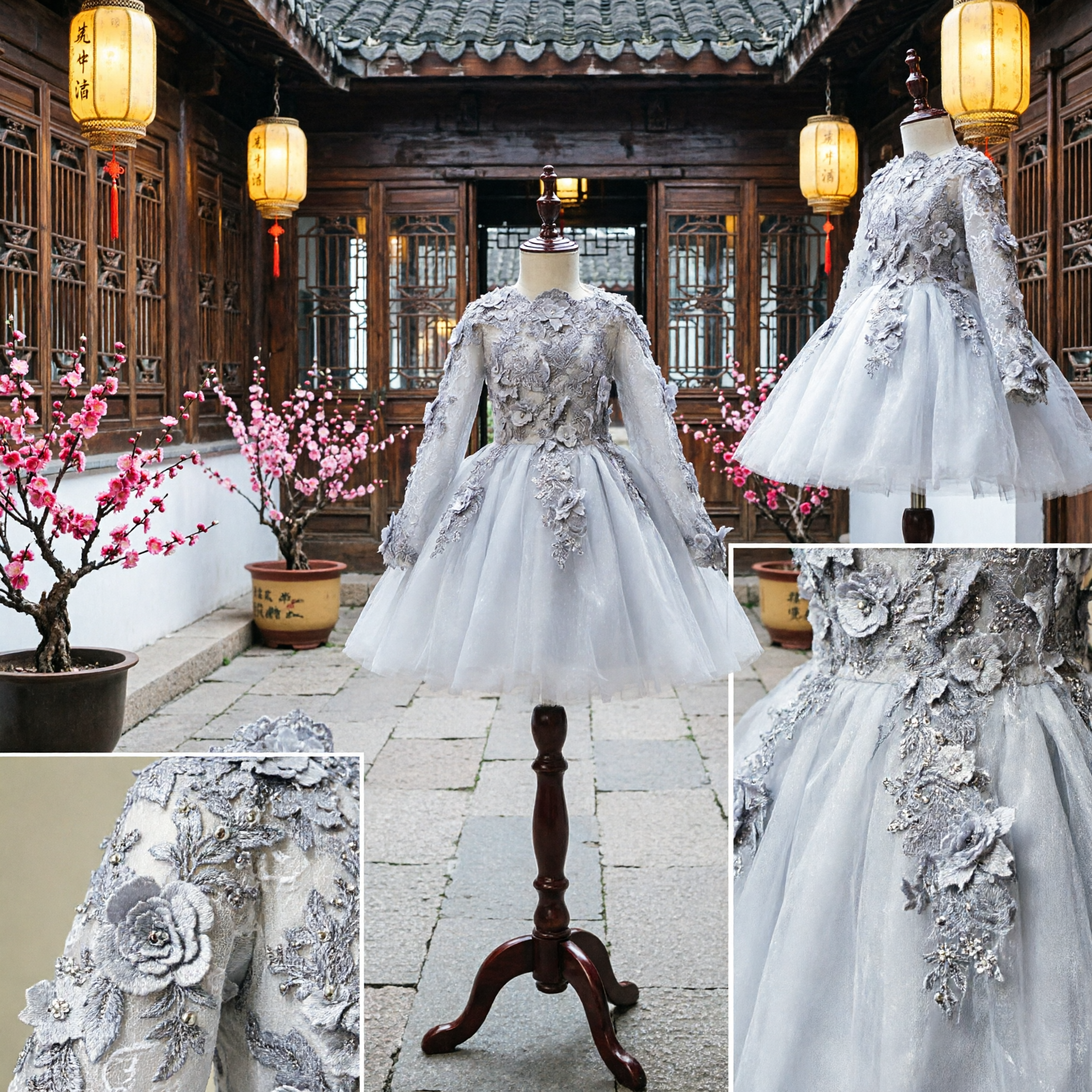 Elegant Silver Grey Long Sleeve Flower Girl Dress 3D Floral Lace Applique Tulle Skirt Wedding Pageant Gown